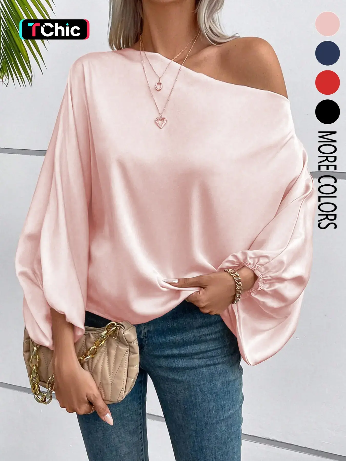 Women's solid color asymmetrical collar elegant satin non-stretch long-sleeved shirt blouse, women's commuter autumn top T-shirt