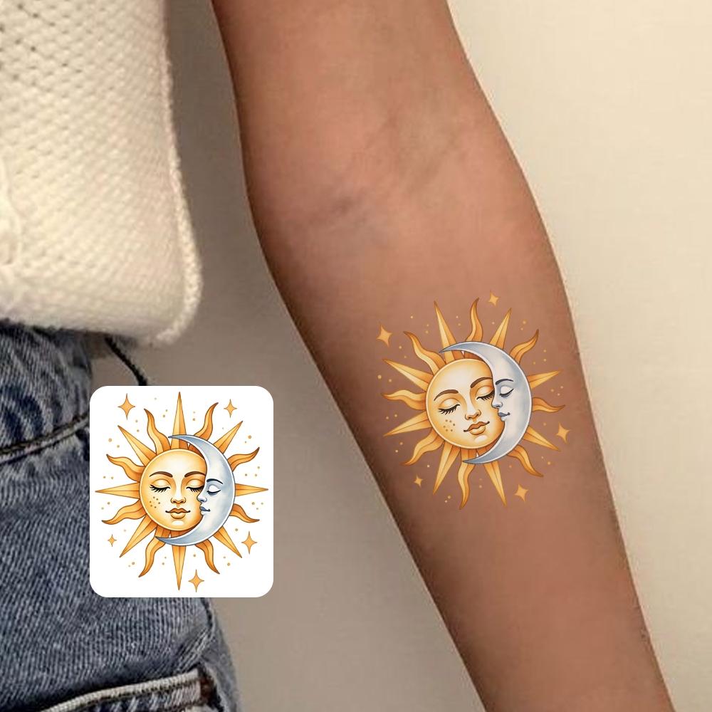 1PCS Colorful Sun Moon Waterproof Temporary Tattoo Sticker, Sweet Cool Girl Design, Lasts 1-3 Days, Perfect Daily Wear Choice