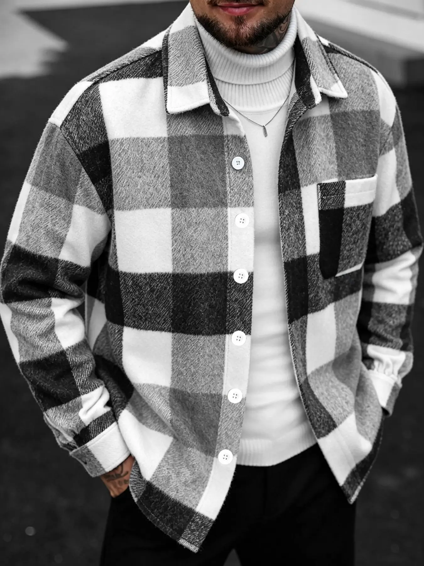 Men's Blue Plaid Checked Shacket Jacket, Lapel Long Sleeve Oversized Flannel Shirt, Casual Streetwear Fall Outer Coat for Men
