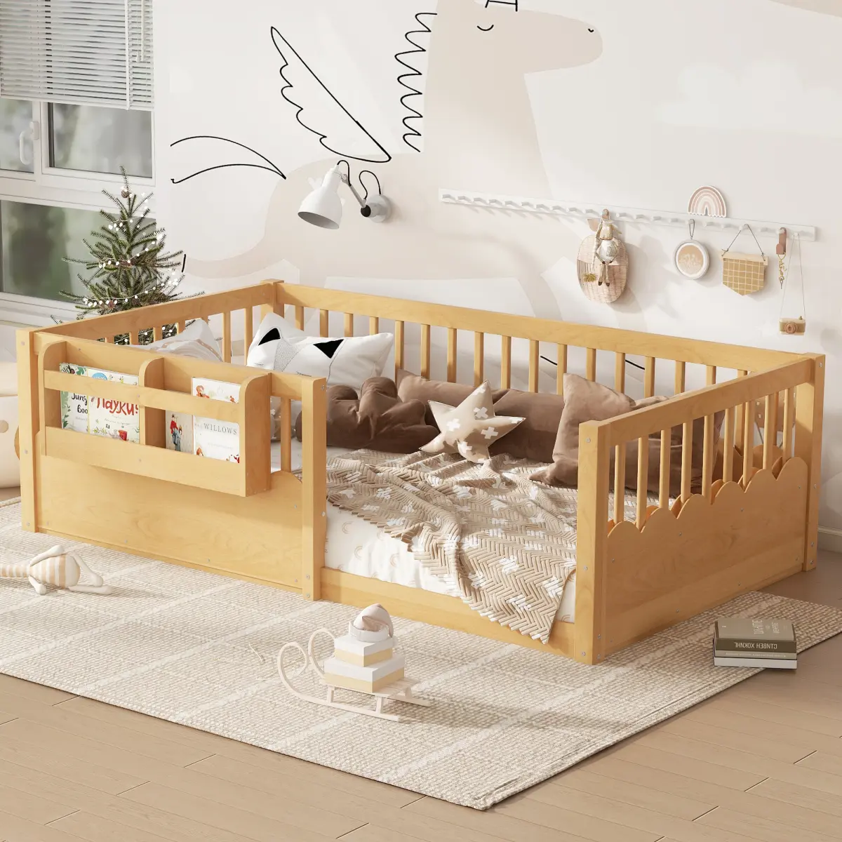 Low Profile Floor Bed Frame with Surround Guardrails & Built-In Tiered Storage Space, Sturdy Enclosed Platform Bed Frame, Easy Assembly