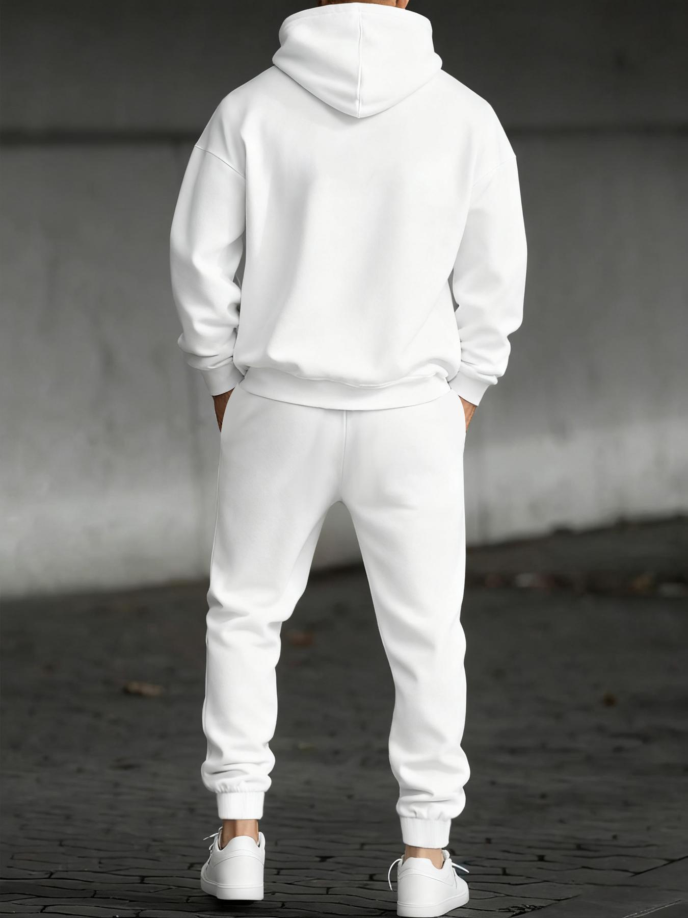 Men's Letter Print Hoodie Set, Kangaroo Pocket Drawstring Hooded Sweatshirt + Waistdrawstring Sport Pants 2 Piece Set, Fall & Winter Casual Fashion, Streetwear Tracksuit Set, Sweatsuit Set, Loose Casual Athleisure