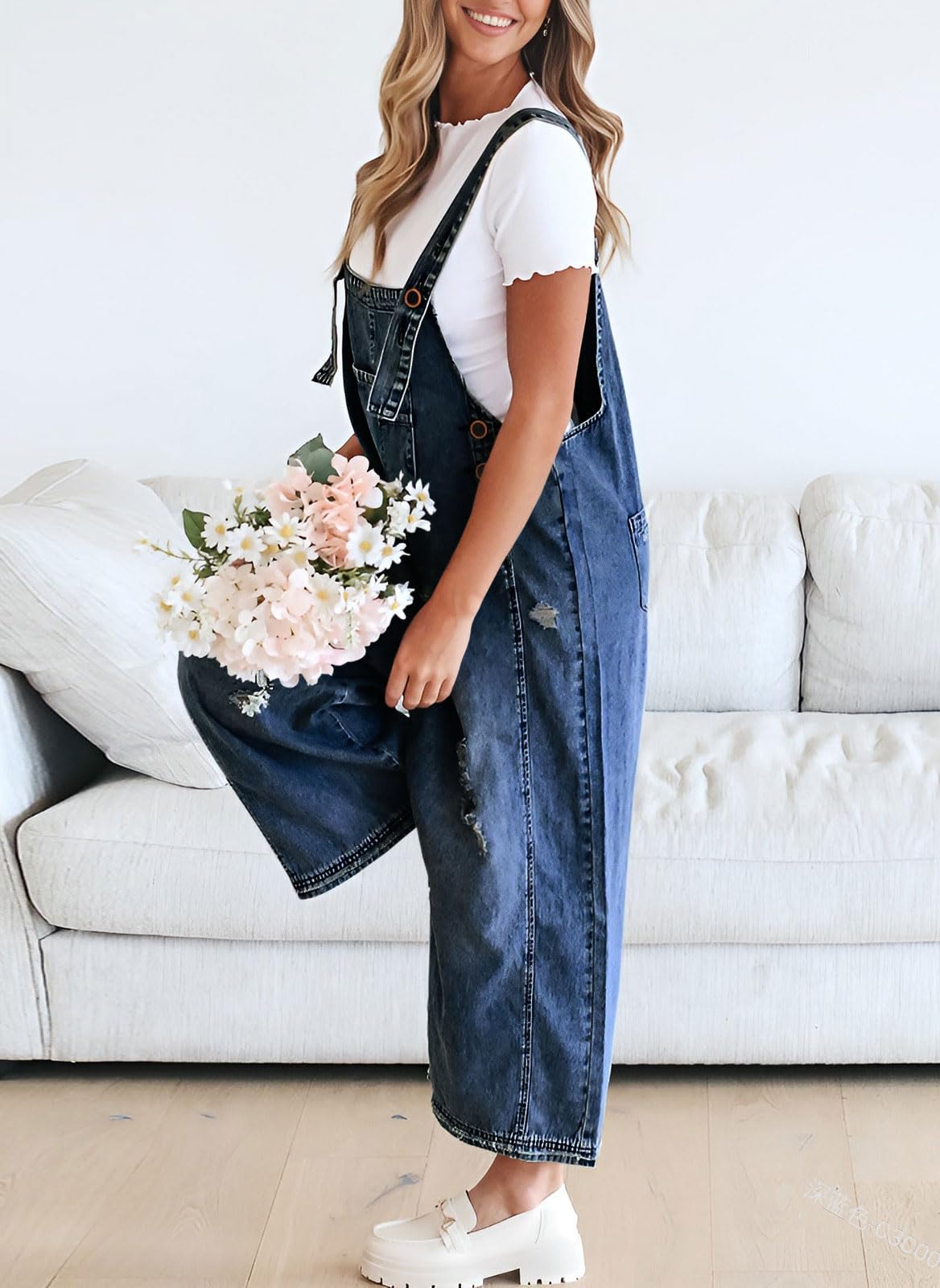 Chouyatou Women Loose Adjustable Strap Denim Bib Overall Jeans Distressed Wide Leg Baggy Overalls Jumpsuit SpringStatements Chouyatou Women Loose Adjustable Strap Denim Bib Overall Jeans Distressed Wide Leg Baggy Overalls Jumpsuit SpringStatements