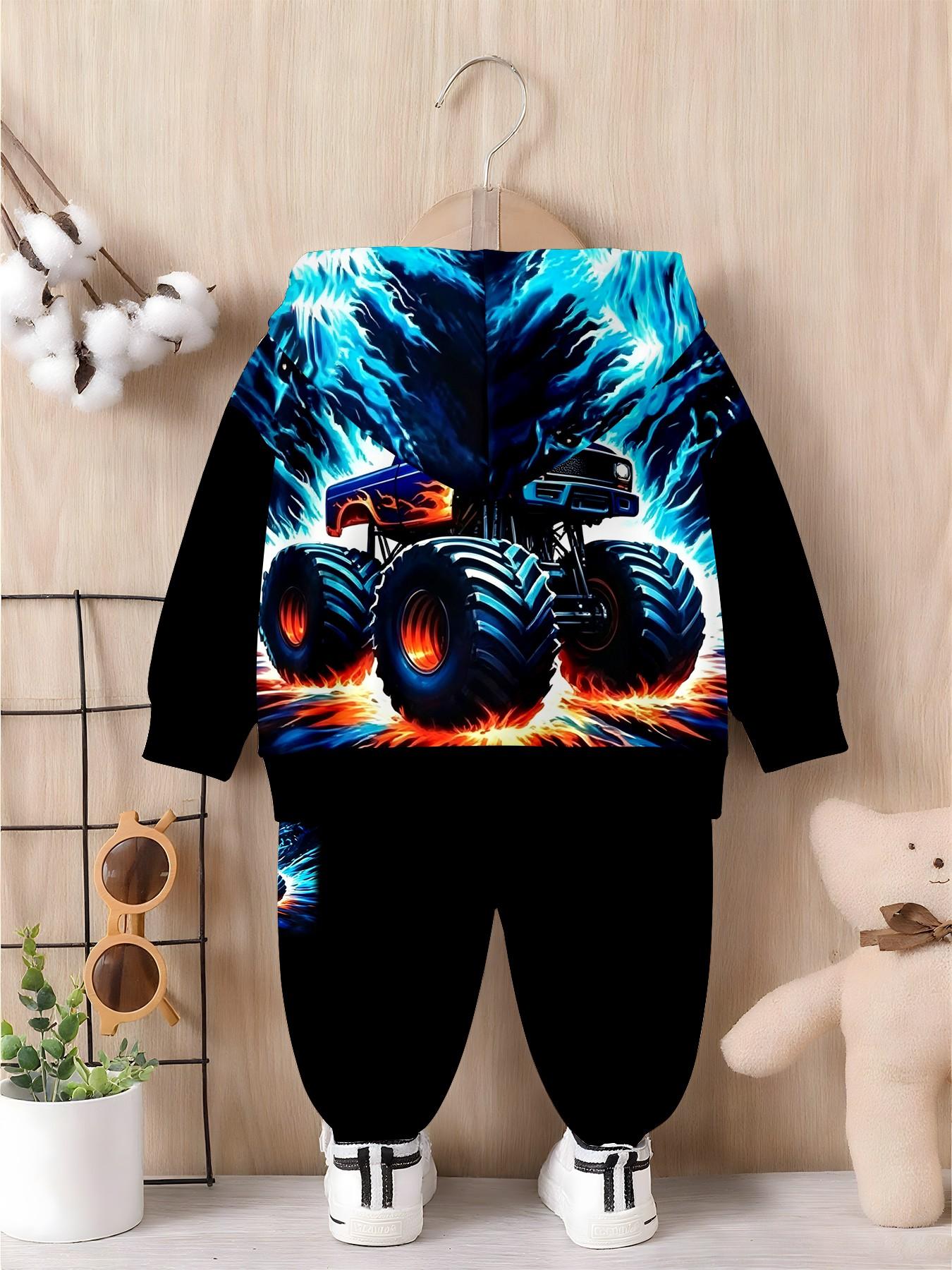 Blue Lightning Monster Truck Print Boys' Hooded Set, Casual Long Sleeve Sweapants, Loose-Fitting Natural Waist, Fall & Winter Clothing