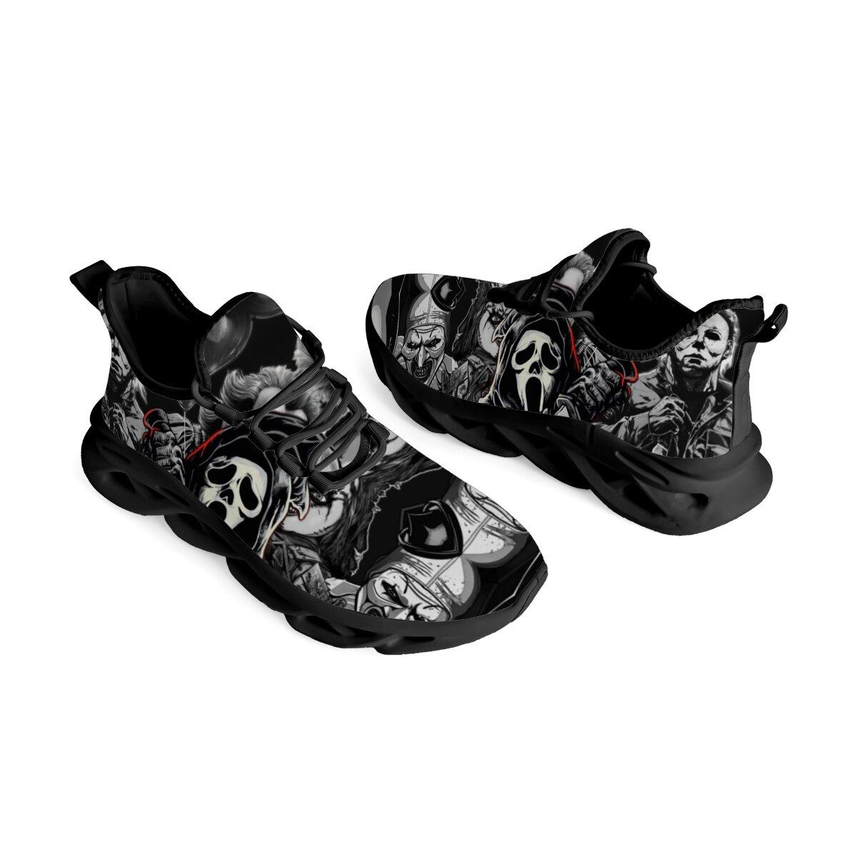 Halloween Dark Horror Mask Character Art Blade Sneakers Man Woman Hollow Wave Cushion Sole Mesh Running Shoes Monochrome Thriller Figure Collage Print Gothic Halloween Punk Casual Athletic Trainers For Men Women