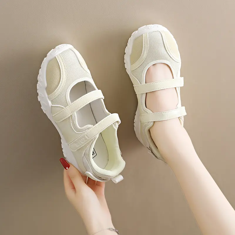 Women's Round Toe Mesh Mary Jane Casual Trainers - 2 Adjustable Hook-and-Loop Straps, Breathable Flat Daily Walking Shoes