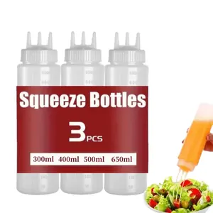 3-Pack Squeeze Bottles 3 Holes Condiment Dispenser 10.14-21.98oz Salad Dressing Ketchup Mustard BBQ Sauce Bottles Kitchen Seasoning Containers