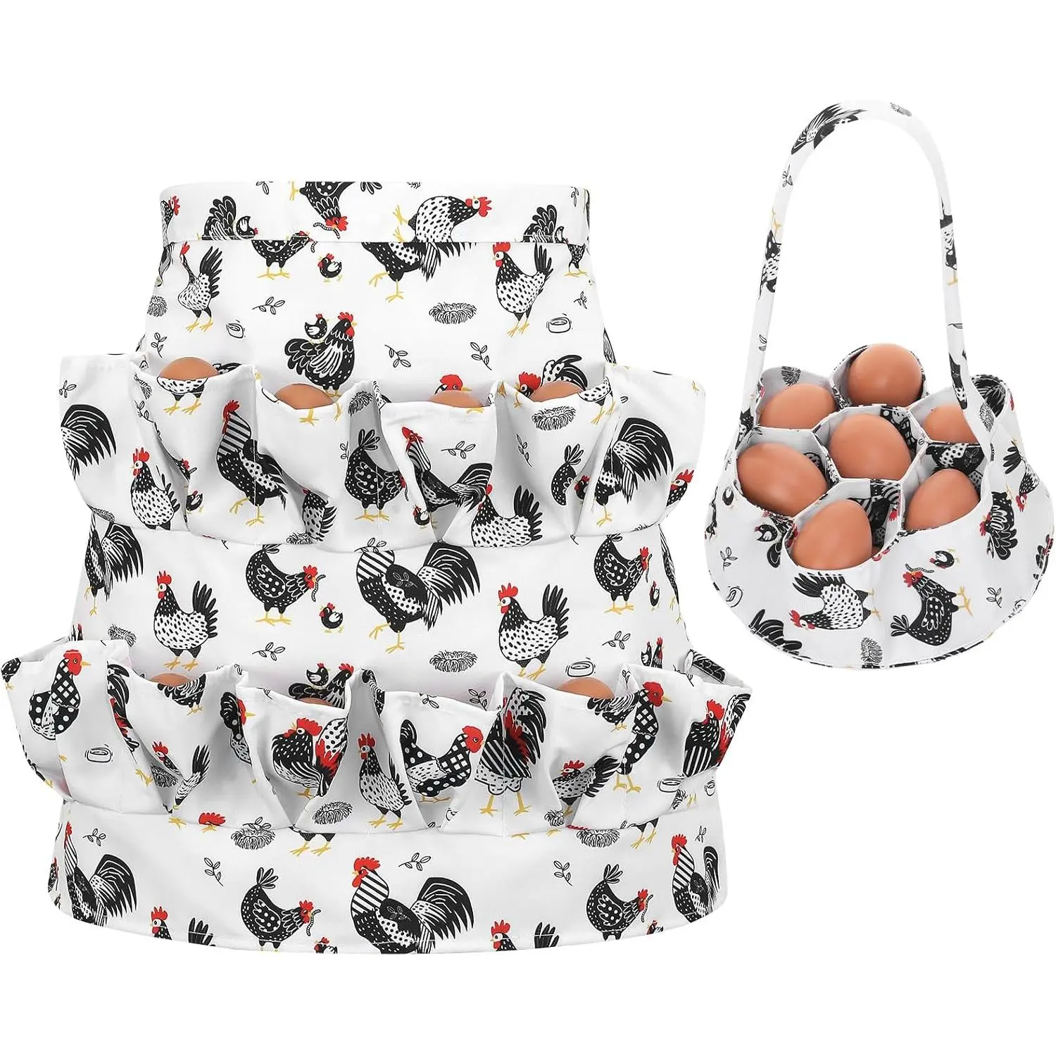 Synthetic Egg Collecting Apron & Basket Set - 12-Pouch Apron-Shape Laundry Basket, 7-Pouch Egg Gatherer for Chickens/Geese, Kitchen Household Supply