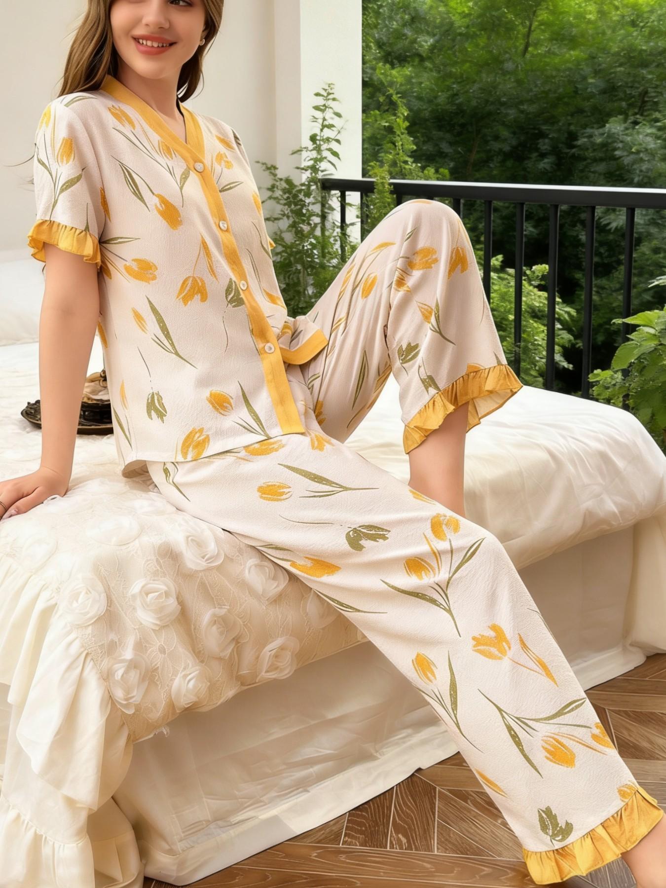 Women's Two-Piece Pajama Set, V-Neck Top + Long Pants, Soft Homewear, Tulip Bubble Wrinkle Sleepwear, Breathable, Spring Fall