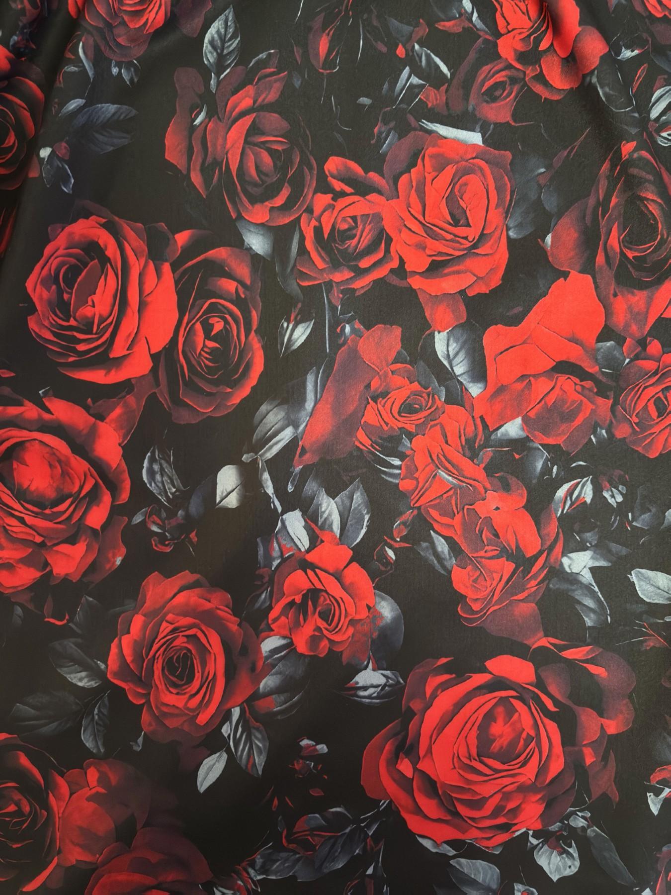 Gothic Vintage Bubble Sleeve Rose Print Dress, Lace Patchwork Dark Rose Retro Dress, Spring Summer Women's Floral A-Line Dress