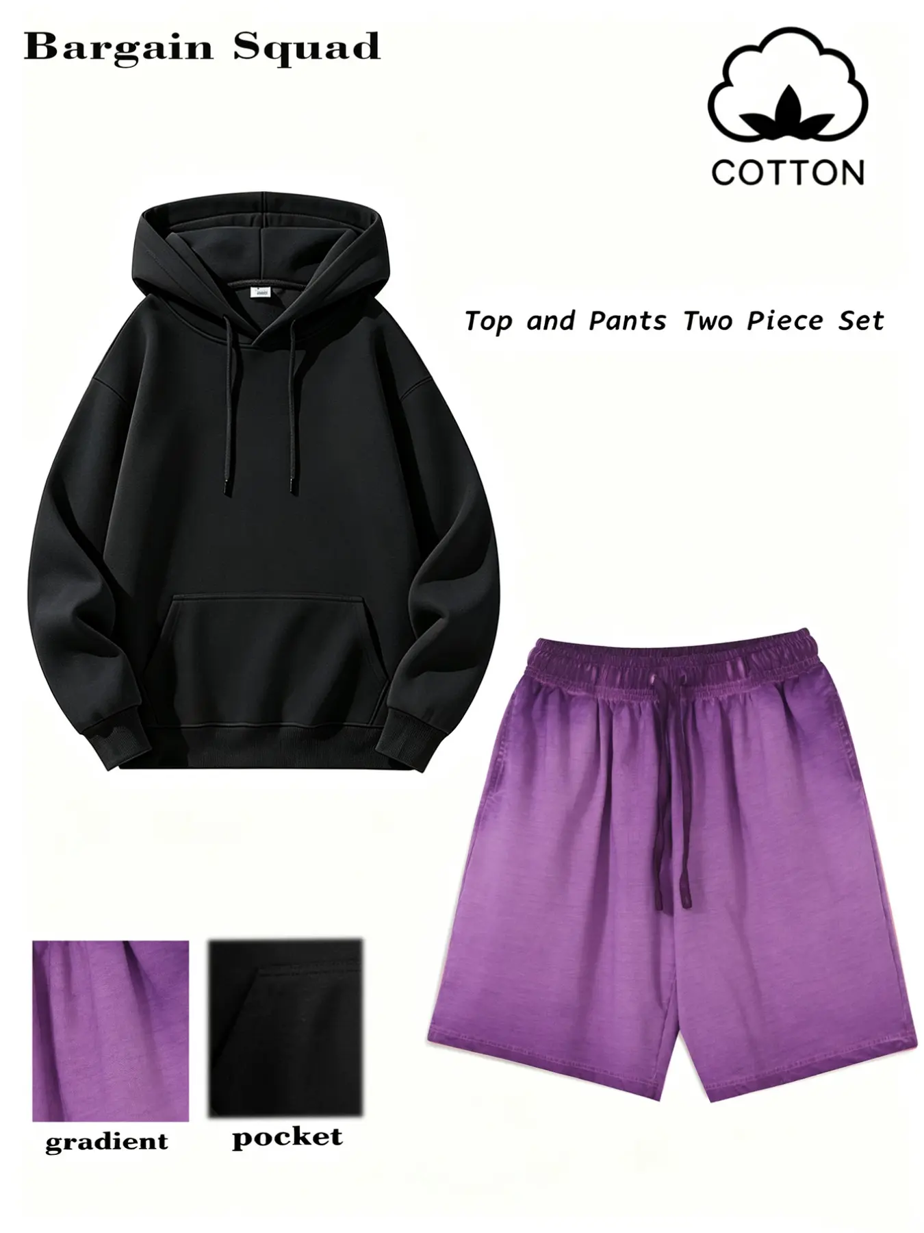 Gradient Hoodie and Shorts Set, Casual Loose Long Sleeve Hooded Sweatshirt, Elastic Waist Drawstring Shorts, Unisex Streetwear