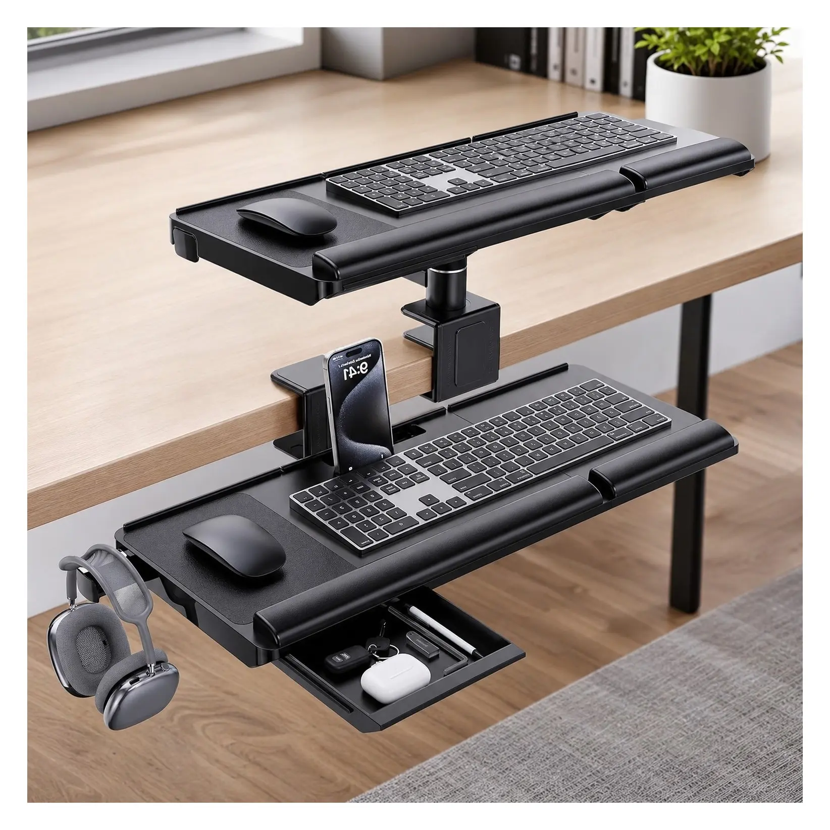 Upgraded Adjustable Keyboard Tray for Above Desk & Under Desk Use | 24.4"×10" Platform with 360° Rotation & 180° Tilt, Wrist Rest, Storage Drawer, Phone Slot, Headphone Hanger & Mouse PadGift