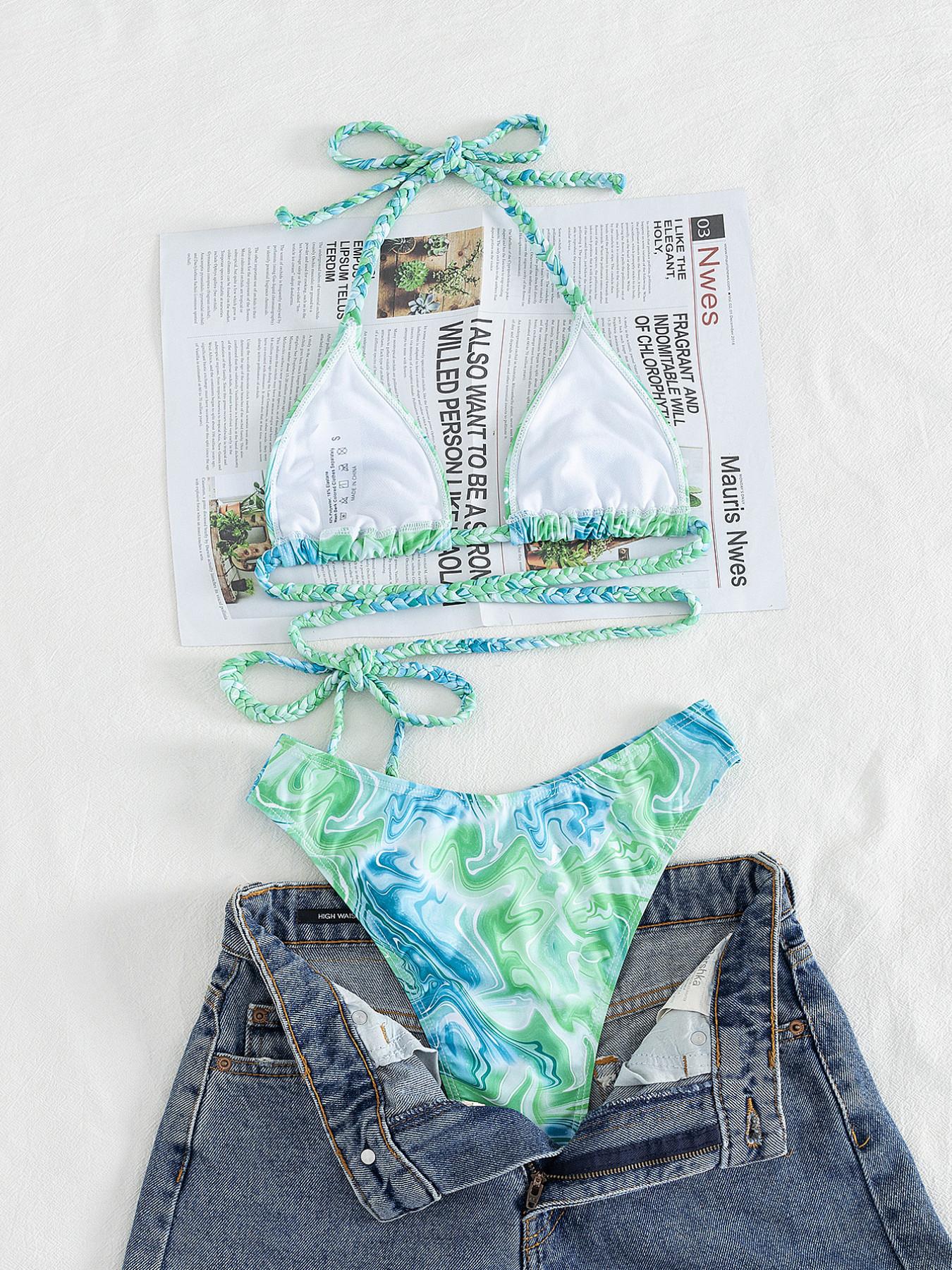 2026 New Ocean Marble Print Halter Bikini, Braided Strap Tie Waist Two Piece Swimsuit, High Cut Summer Beach Vacation Swimwear
