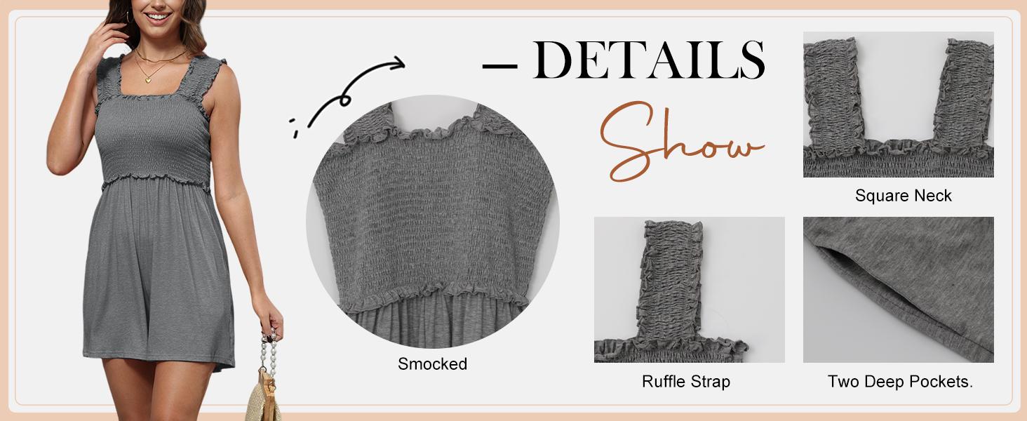 Chulianyouhuo Women's Black Fitted Rompers with Square Neck & Ruffle Straps - Sleeveless Smocked Loose Jumpsuit with Pockets for Casual Wear S-3XL Minimalist Womenswear