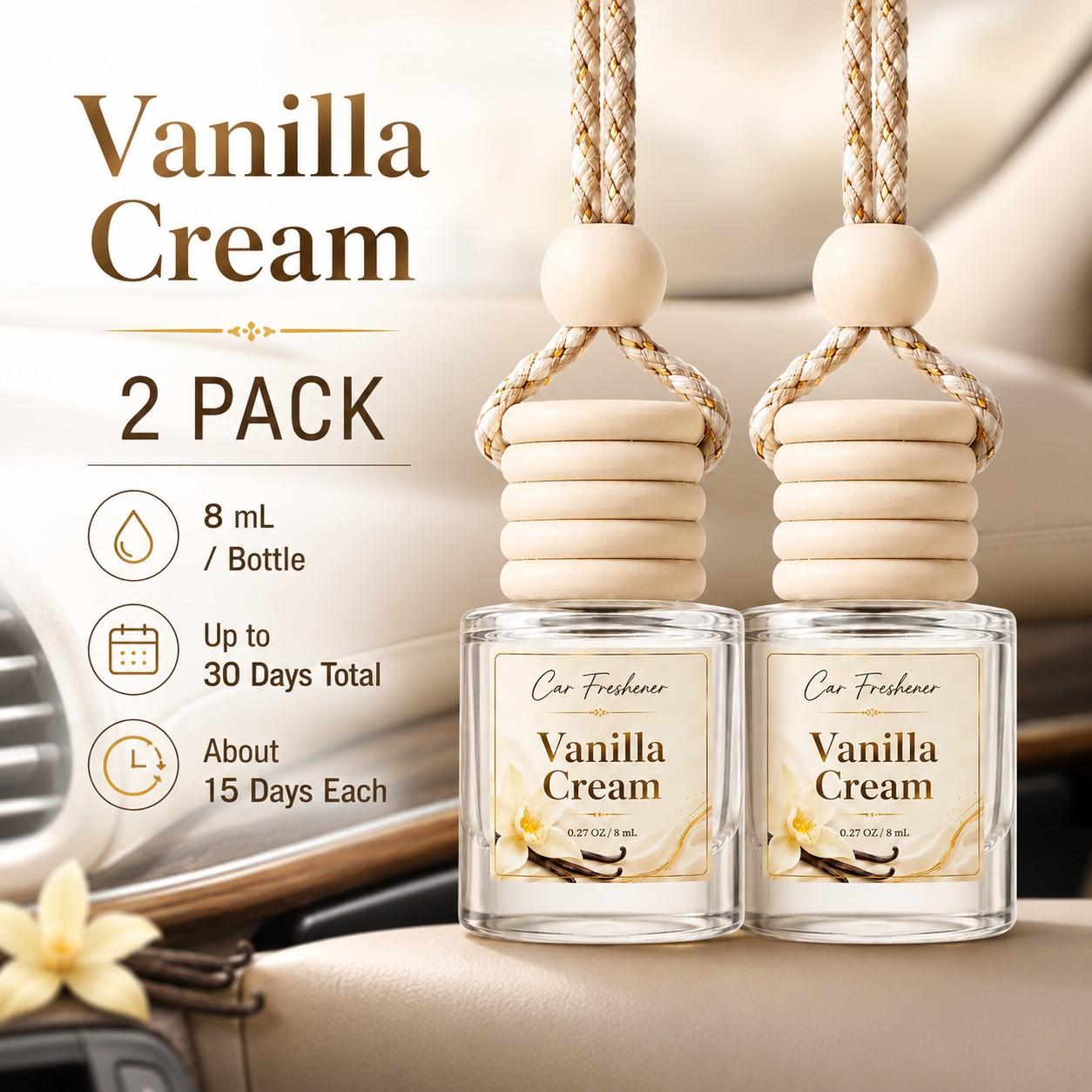 2 Pack Vanilla Cream Car Air Freshener, Car Perfume, Long Lasting Sweet Scent, 8ML Bottle, Hanging Car Freshener for Auto Interior, Car Accessories