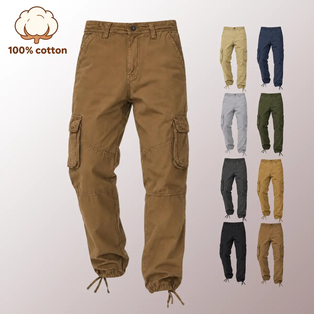 Loose Fit Men Cargo Pants Cotton Durable Breathable Functional Pockets Elastic Waist Lightweight Beige Casual Outdoor Hiking Work Travel Gardening Streetwear corduroy casual pant No Iron Khaki Classic cuffed linen harem pant small leg jogger