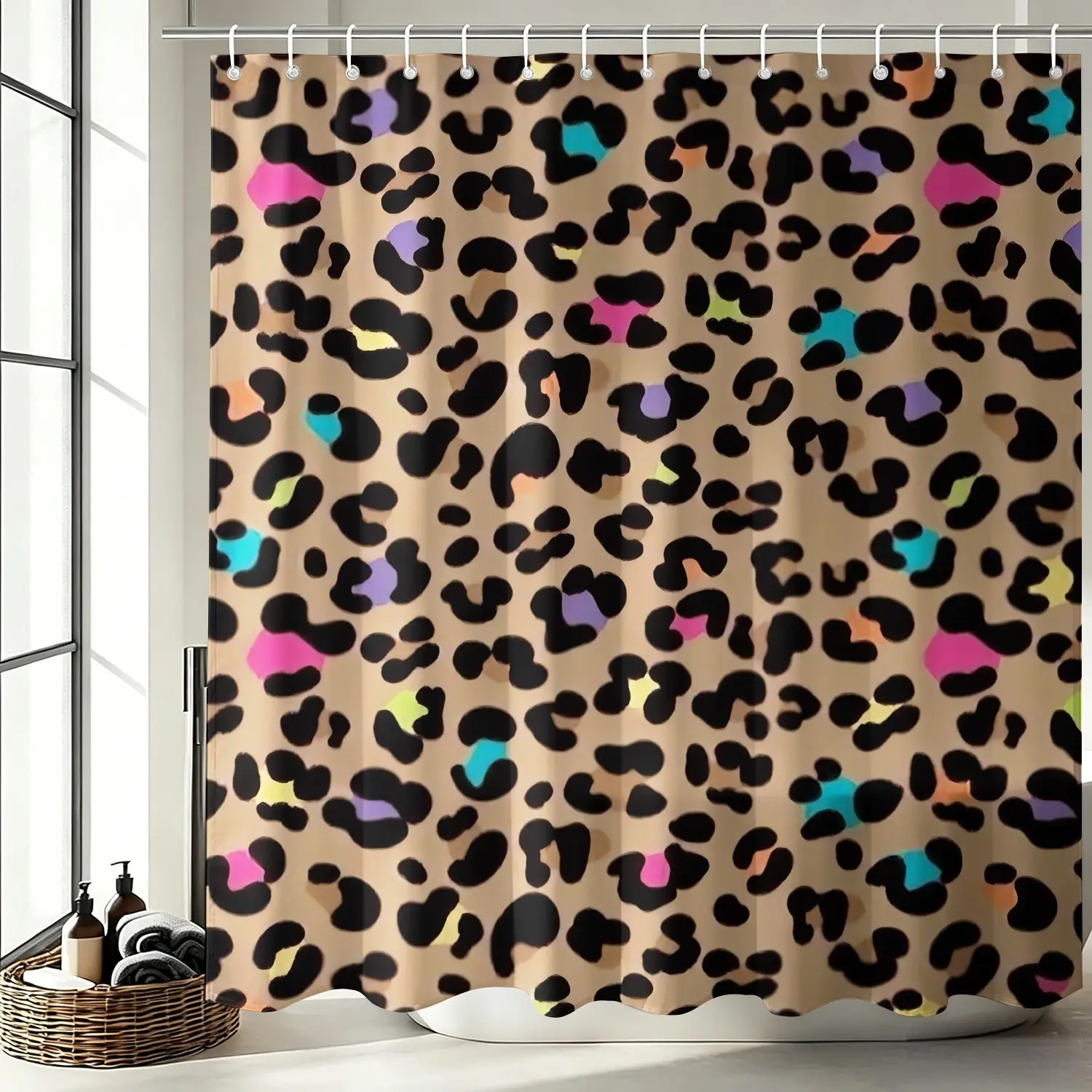 Kawaii Rainbow Cheetah Bath Curtain, Neutral Base Vibrant Multicolor Pastel Leopard Pattern Lightweight Waterproof Modern Shower Curtain,Polyester Mildew Resistant Bathroom Curtain With Hooks, Suitable For Home Bathroom Decor