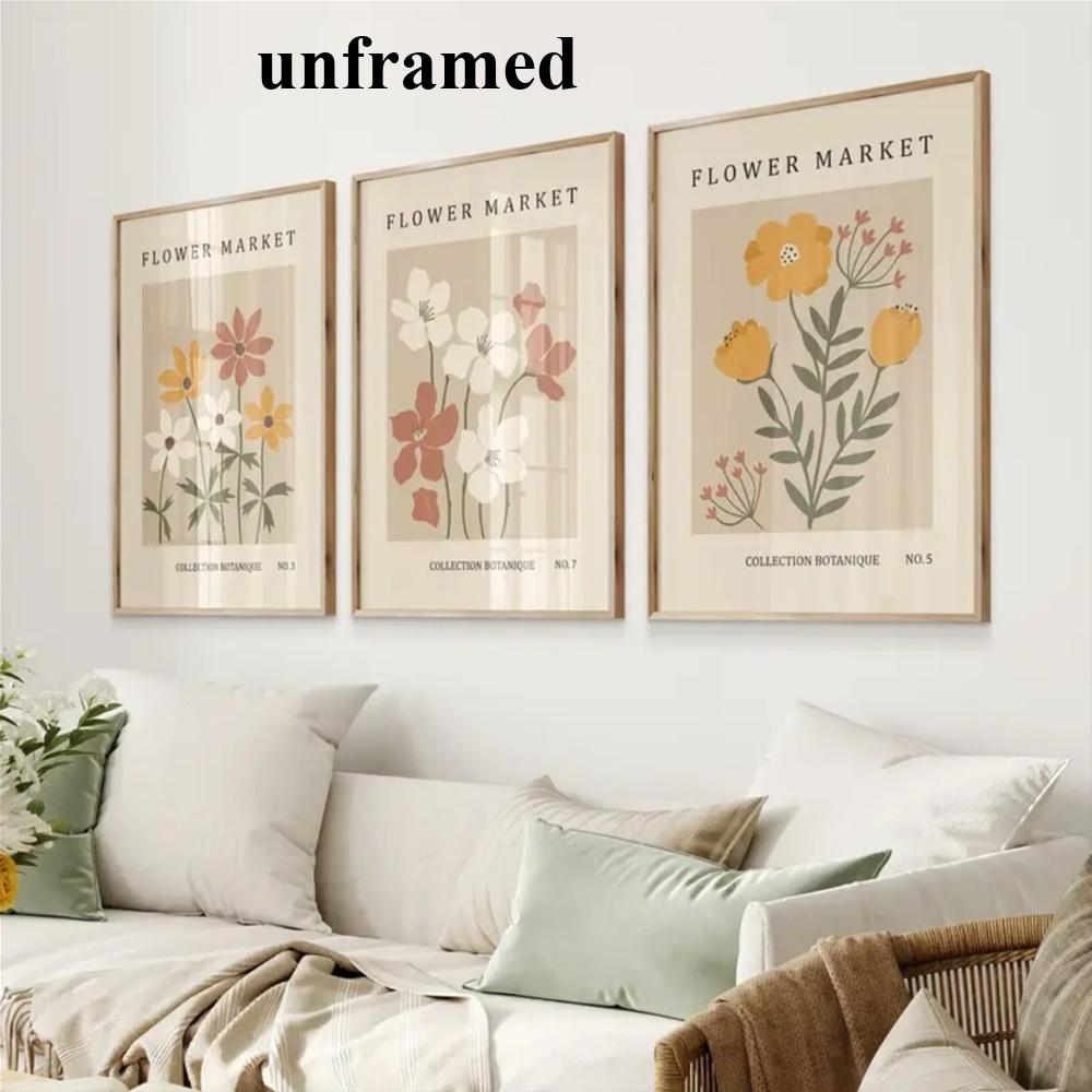 3-Piece Optional Wooden Frame Bohemian Abstract Flower Market Plant Poster Moisture-proof Canvas High Saturation No Color Difference Nordic Living Room Mural