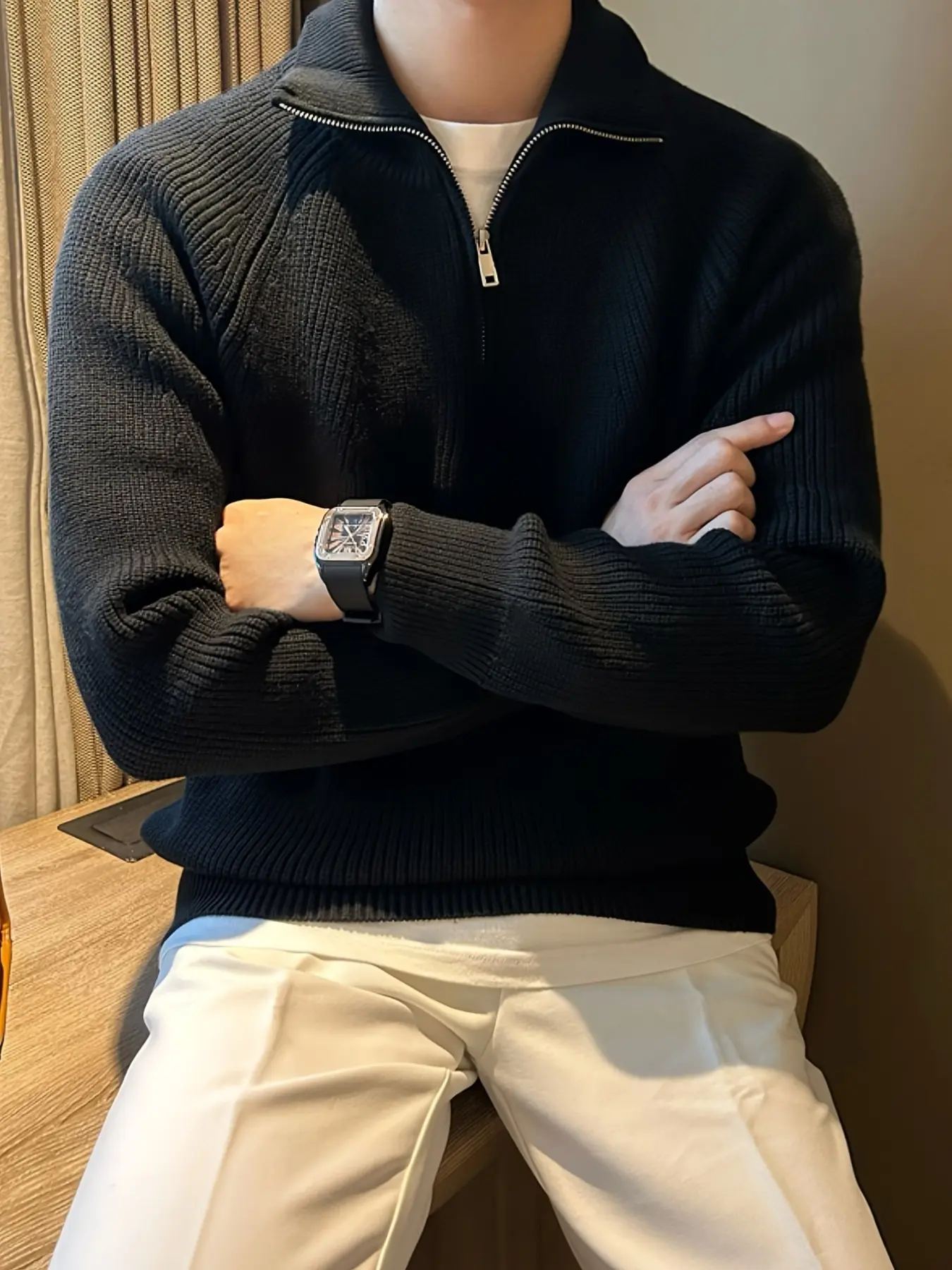 Men's Quarter Zip Sweater Half Zip Mock Neck Ribbed Knit Pullover Autumn Fall Smart Casual Old Money Quiet Luxury Long Sleeve Relaxed Fit Stand Collar Knitwear Tops for Business Casual Weekend Daily Layering Outfits Casual Workwear Oatmeal Beige