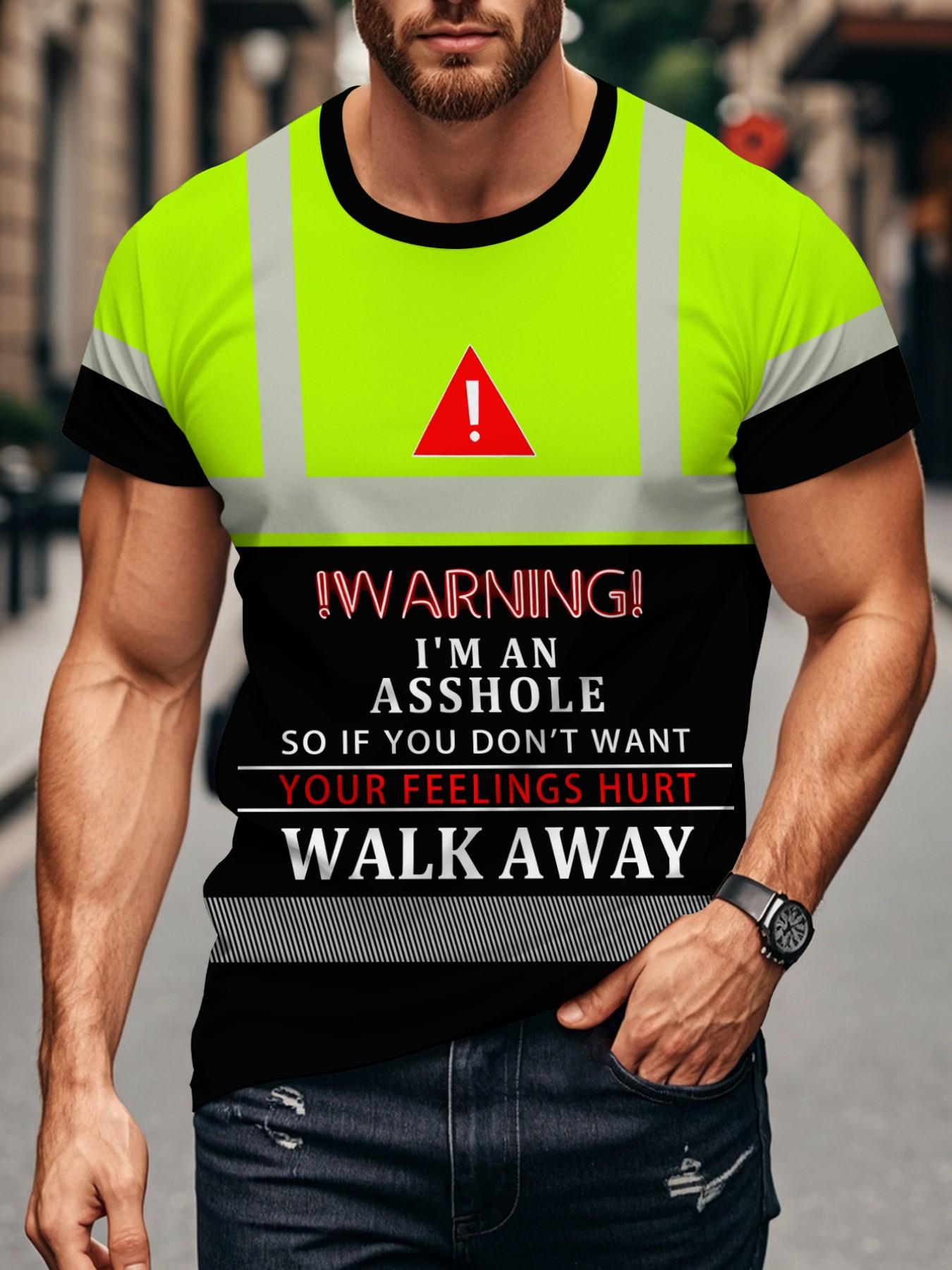 Men's Fluorescent Warning Reflective Stripe T-Shirt, Funny Workwear Style, Half Sleeve, Casual Fashion, Long Length