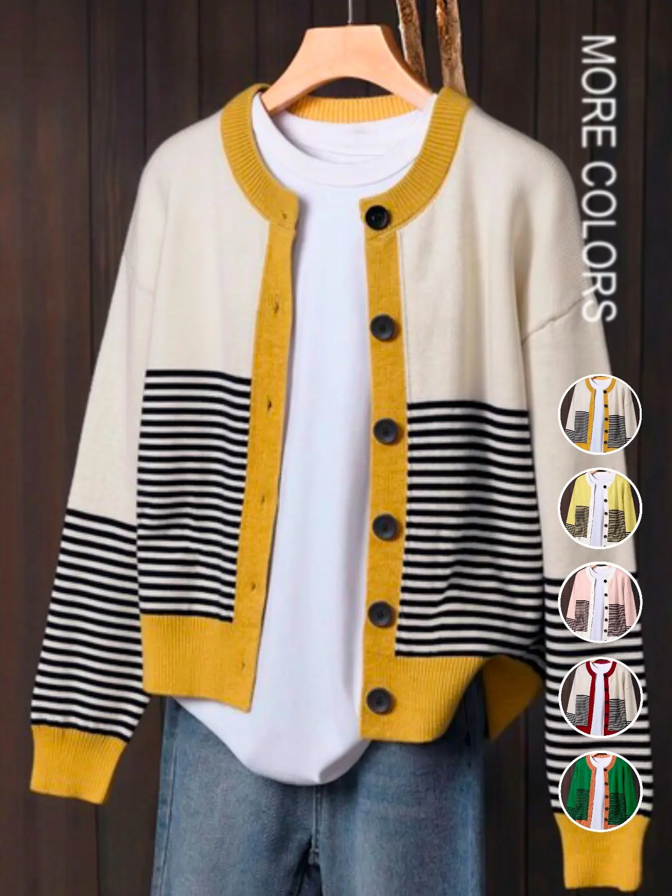 Women's Elegant Comfortable Colorblock Striped Long Sleeve Cardigan, Casual Loose-Fit Knitted Sweater for Fall & Winter