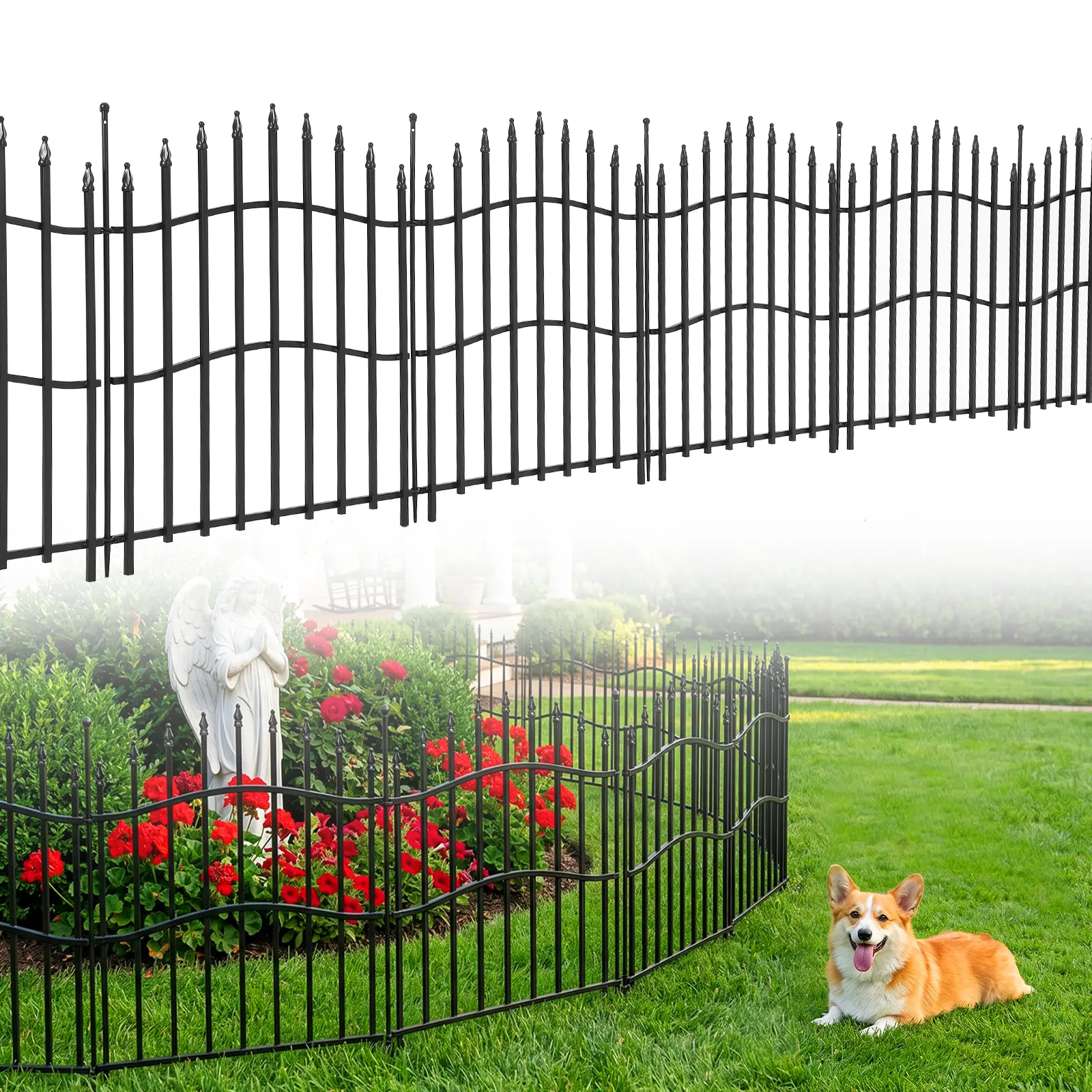 No-Dig Metal Garden Fence Panels with Gate, 10-Pack - 32 in H x 22 ft Total - Rustproof Decorative Animal Barrier for Yard, Patio & Garden