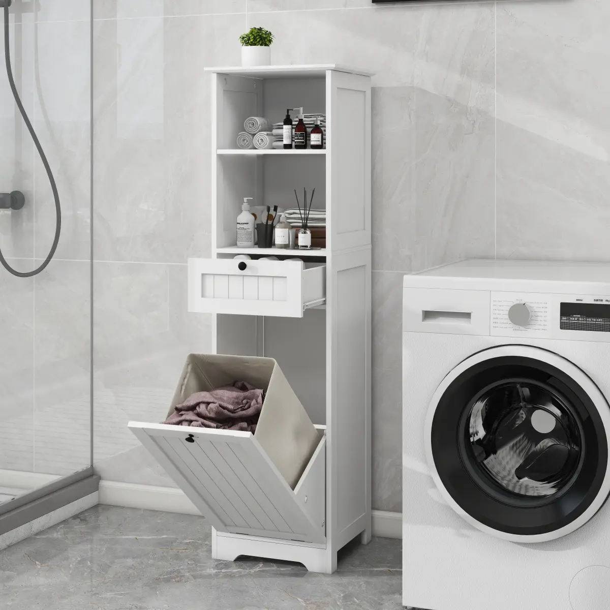 White Tilt-Out Laundry Sorter Cabinet - 1-Compartment, 1-Drawer Indoor Furniture Cupboard