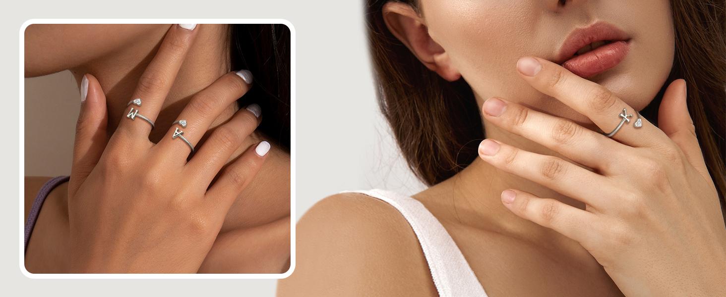 MILACOLATO 925 Sterling Silver Heart Initial Rings for Women s Stackable Ring Adjustable Initial Rings for Teen s Cute Heart Alphabet Letter Rings, Letter A-Z FallFreshness