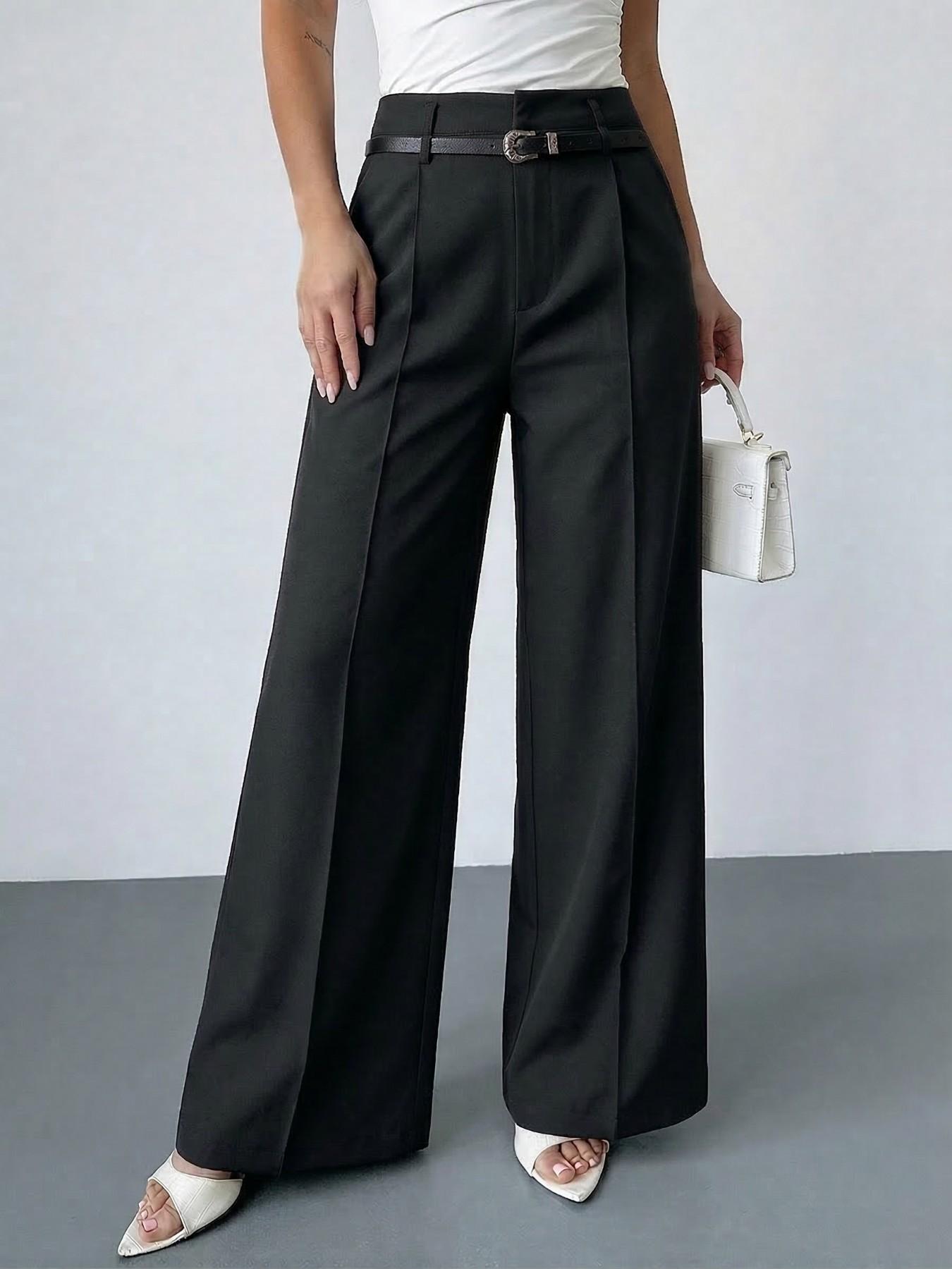Women's Elastic Waist Solid Color Zipper Button Pocket Wide Leg Trouser Pants, Elegant Commuter Multi-Functional Office Wear Womenswear