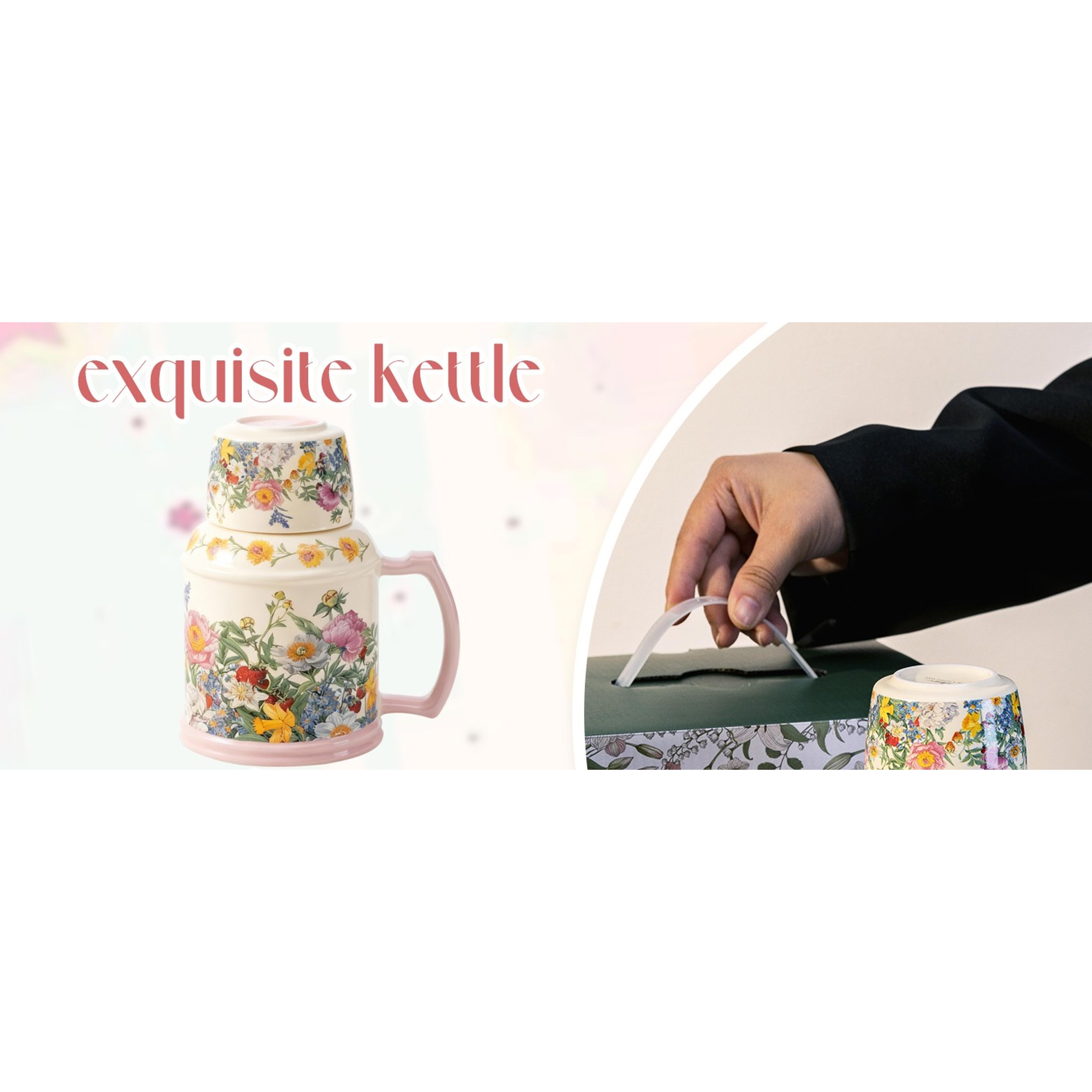 600ml Pink Floral Blooming Design Ceramic Porcelain Teapot - Premium Heat Retention Hot Water Tea Kettle with Handle for Daily Tea Making