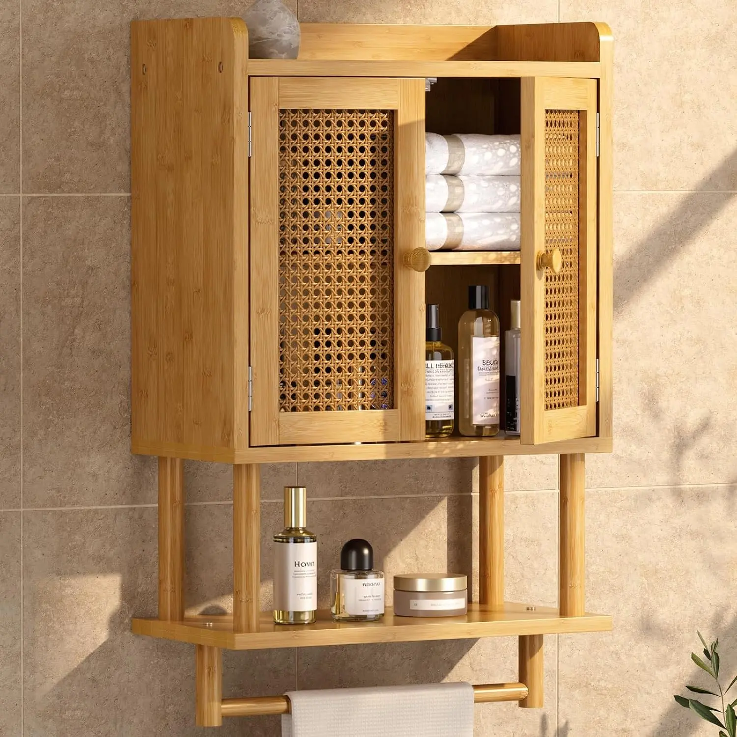 Bathroom Wall Cabinets, Bamboo Medicine Cabinet with Rattan Door, Over The Toilet Storage Cabinet with Towel Bar, Wall Mounted Cabinet with Adjustable Shelves for Small Spaces