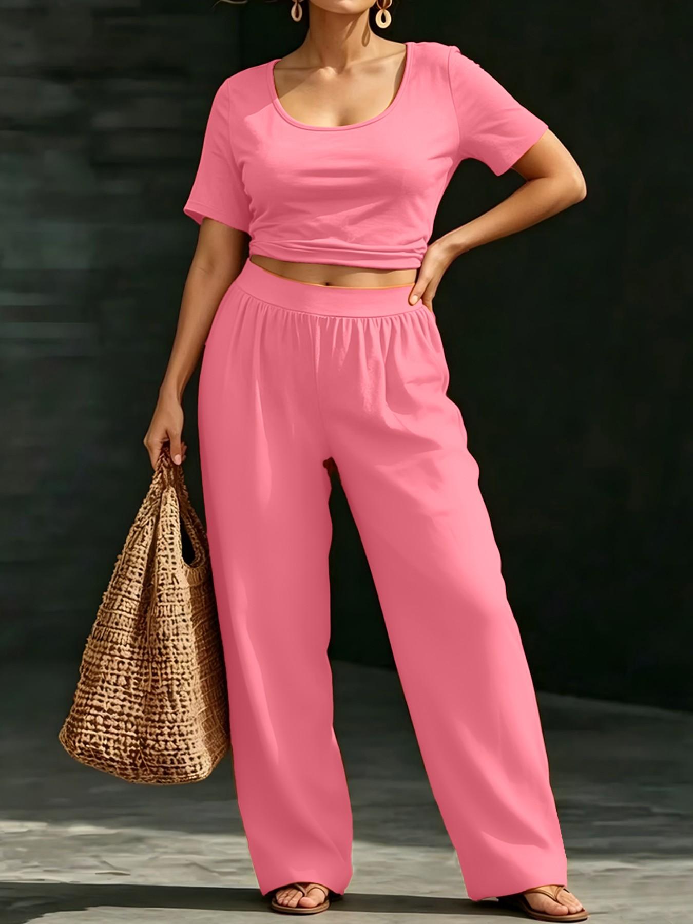 Plus Size Women's 8 Color Options, Casual Solid Shorts U-Neck Top + Loose Wide Leg Pants Set, Fit, Lazy Style, Daily Wear, Vacation, Home Essentials, Clothes