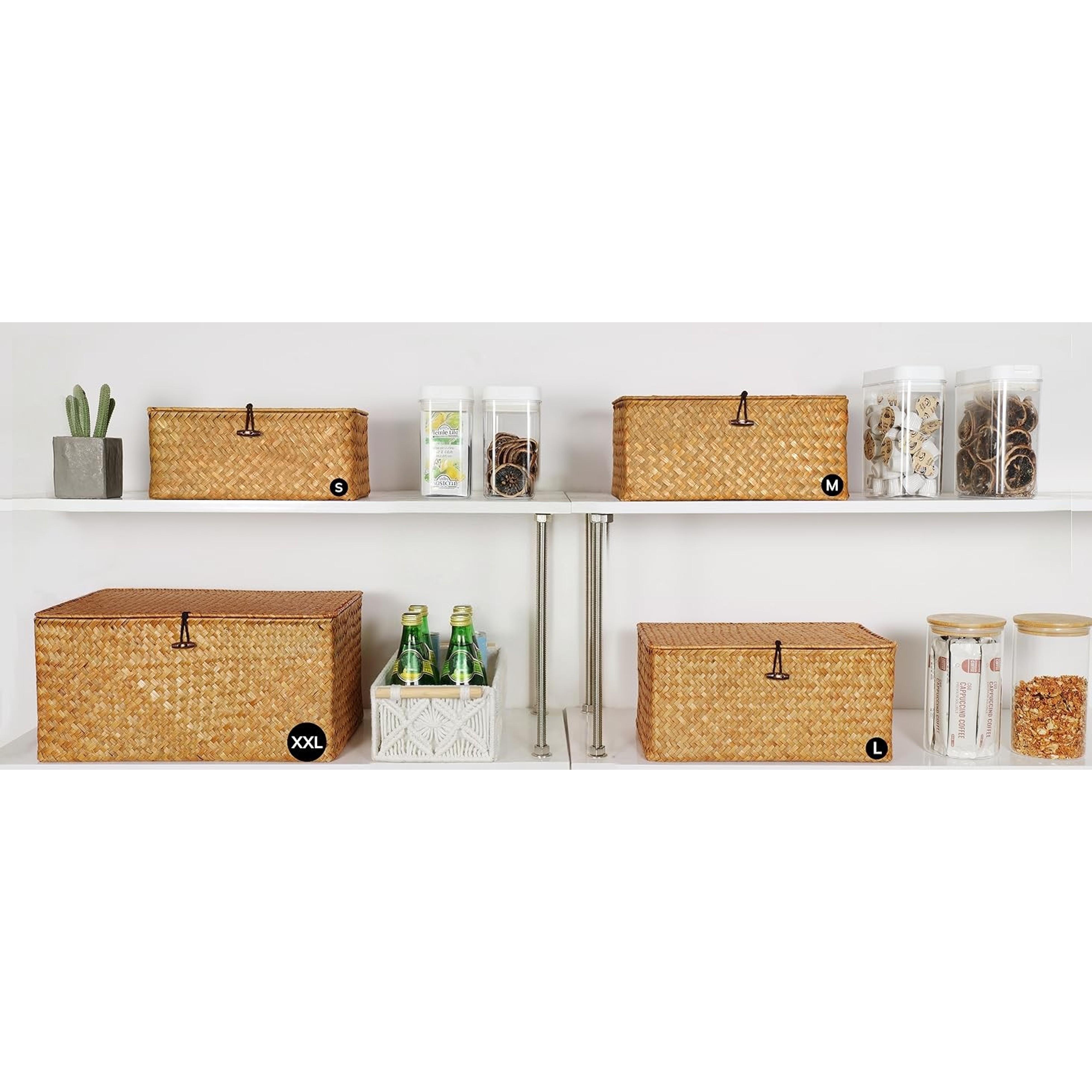 Natural Seagrass Storage Basket with Lid (Set of 3) - Rectangular Decorative Farmhouse Organiser, Multipurpose Home Storage Bin for Boho Decoration, Gift-Worthy Household Shelf Container