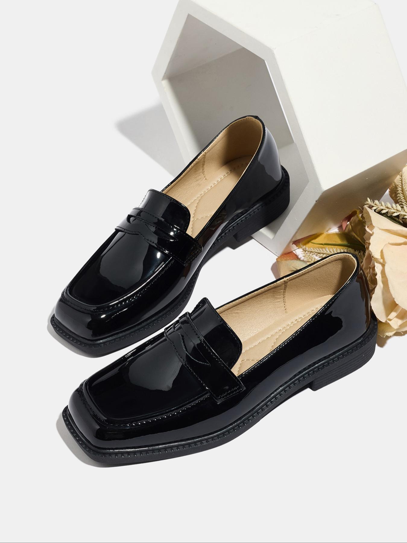 Women's Fashion PU Leather Loafers, Geometric Pattern Slip-On Shoes, Comfortable Mid Heel Fall & Winter Footwear