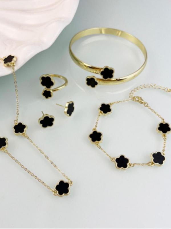 Lucky Flower Design Jewelry Set, Fashion Necklace & Ring & Bracelet & Earrings, Casual Jewelry Set for Women, Trendy All-match &Exquisite Jewelry Set for Gift