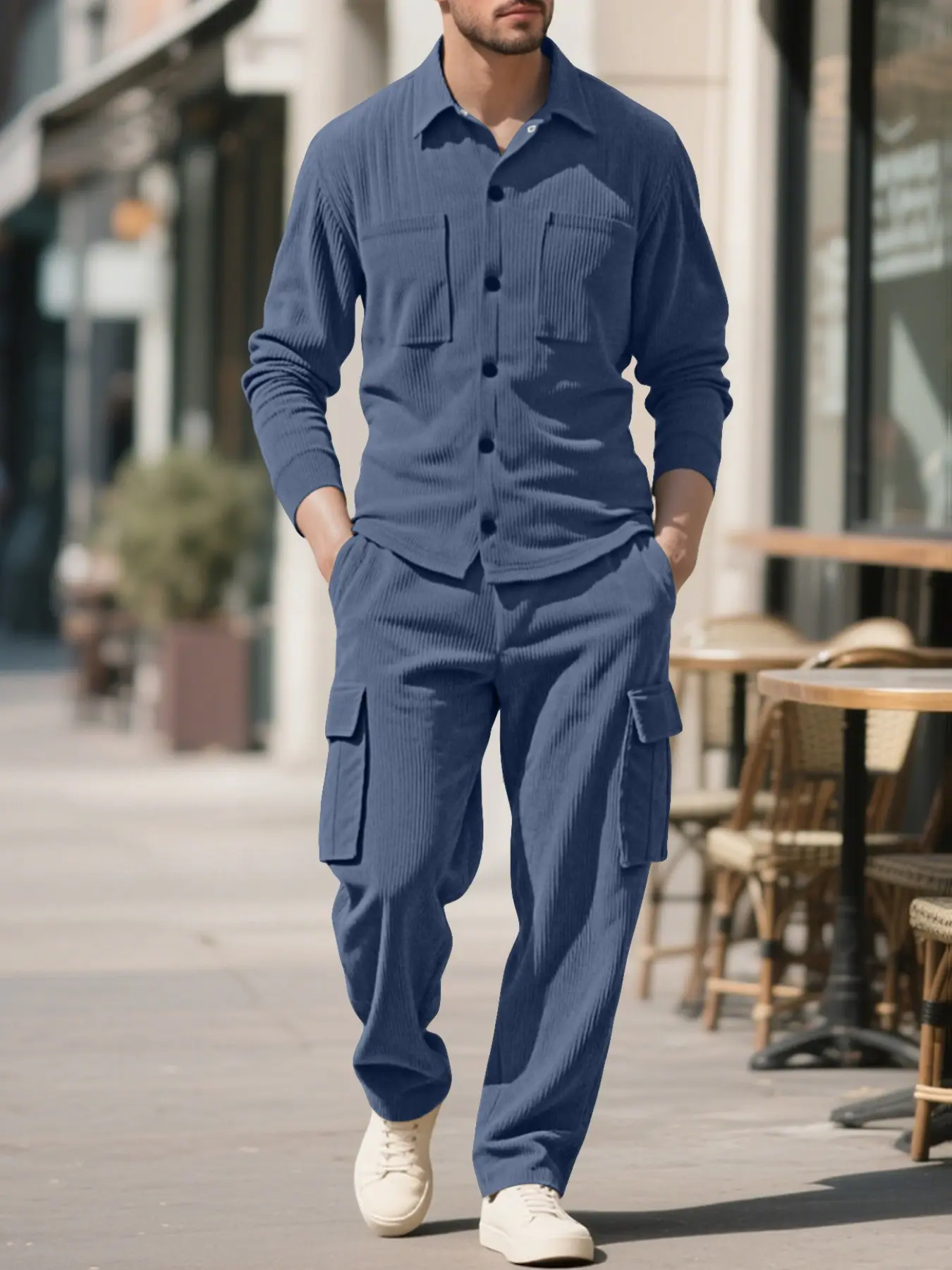 Men's Two-Piece Set, Collared Long Sleeve Shirt with Pockets, Multi-Pocket Work Pants, Fall Fashion, Comfortable Daily Wear