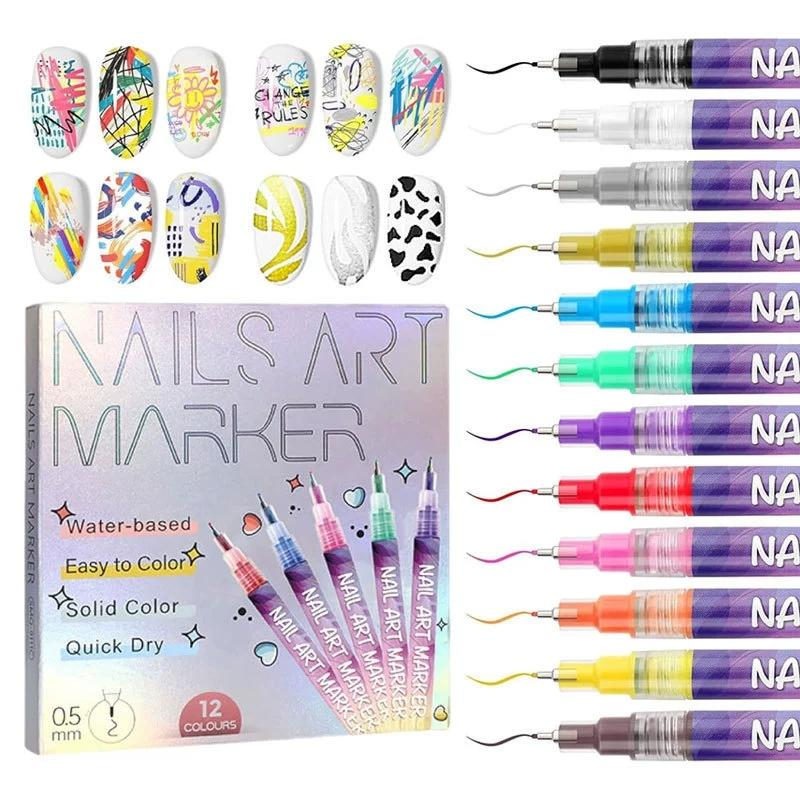 1 Box 12 Color Nail Polish Pens, 3D Manicure Pen Set, Nail Dot Painting Brush, DIY Nail Art Marking Drawing Pen, Nail Design Pen