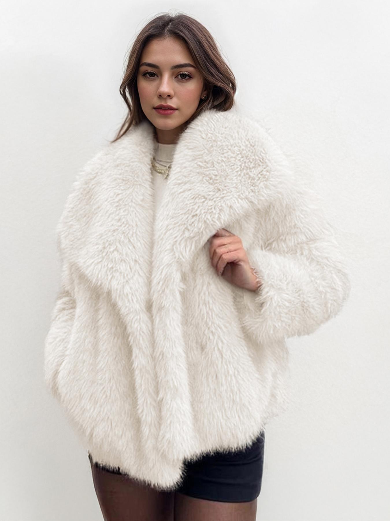 Women's Elegant Solid Color Wide Collar Zipper Closure Plush Warm Coat, Stylish Everyday Outerwear for Fall & Winter Seasons