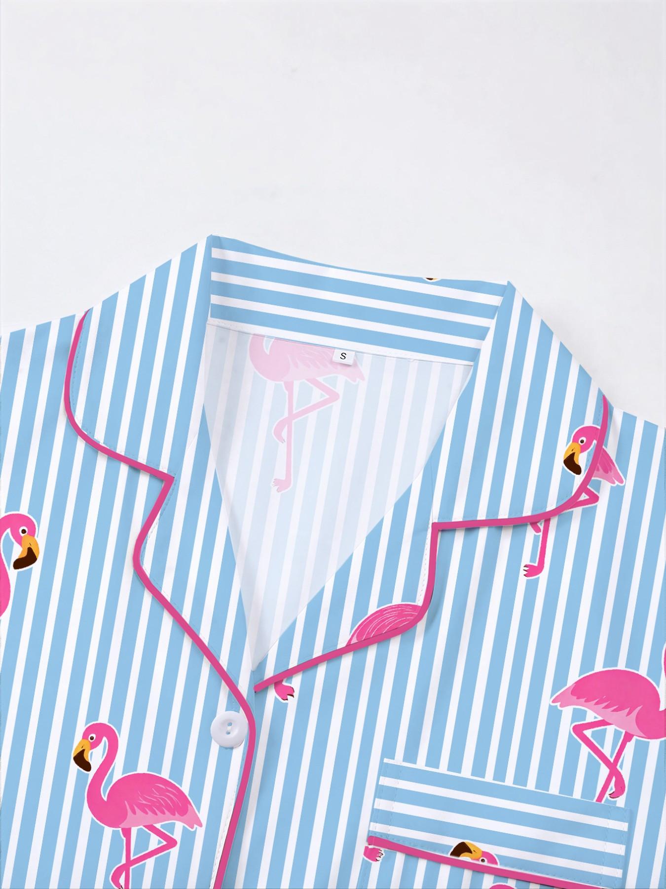 Women's Striped Flamingo Print Pajama Set Pjs, Short Sleeve Button-Up Top & Elastic Shorts, Casual Loungewear Outfit & Pajamas for Home Wear, All Seasons