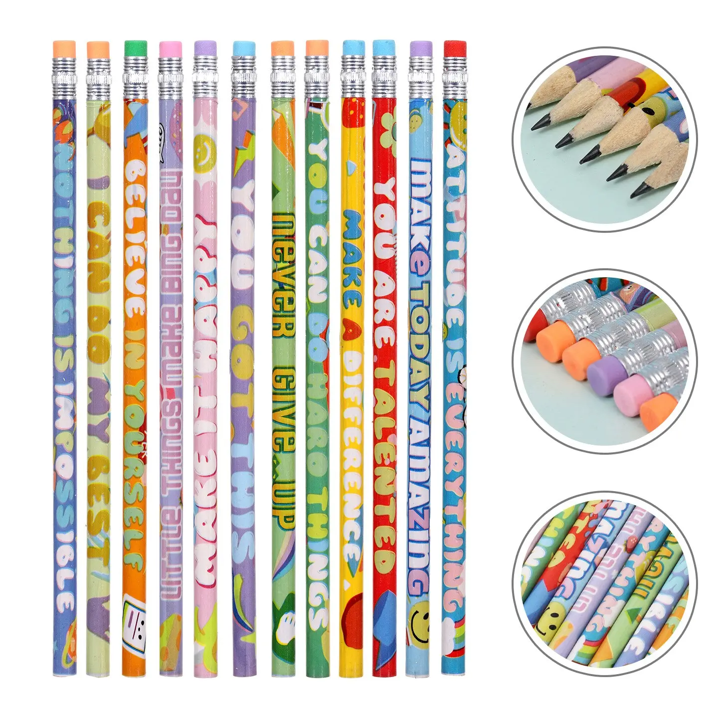 Cartoon Print Hb Wooden Pencil with Eraser, Inspirational English Slogan, School Supplies, Creative Writing Tools, Kids' Stationery