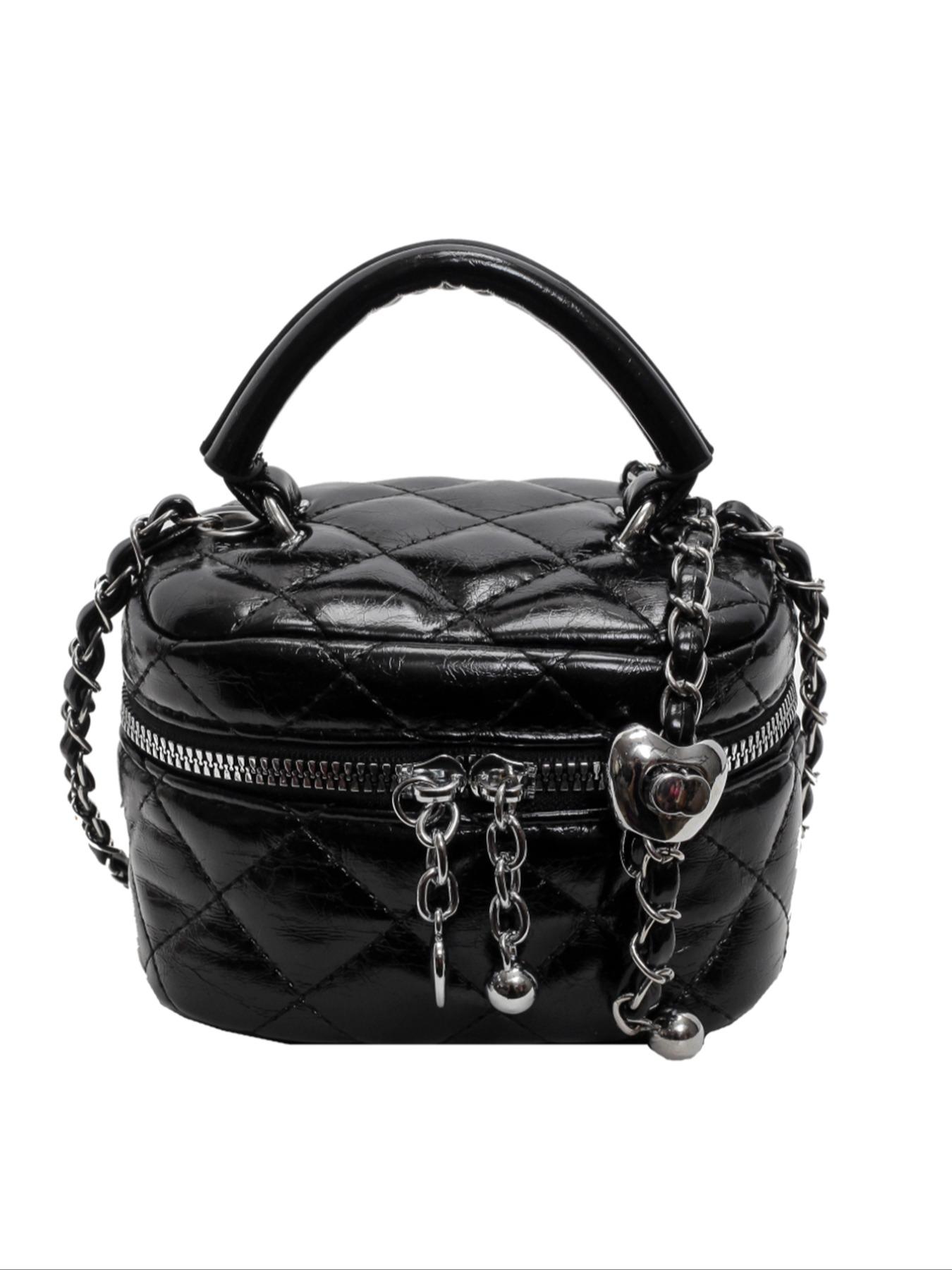Women's Fashionable Solid Color Quilted Crossbody Bag, Elegant Mini Handbag with Heart Decor, Casual Trendy Versatile High-quality Daily Commuting Bag, Handbag Shoulder Bag