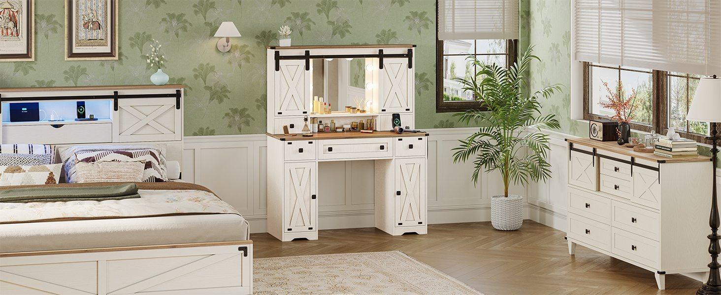 Sikaic Farmhouse Makeup Vanity Desk Mirror With Sliding Barn Door 3 Lighting Modes Adjustable And Charging Station White Furniture Bedroom Storage Drawer Modern Wood Dresser