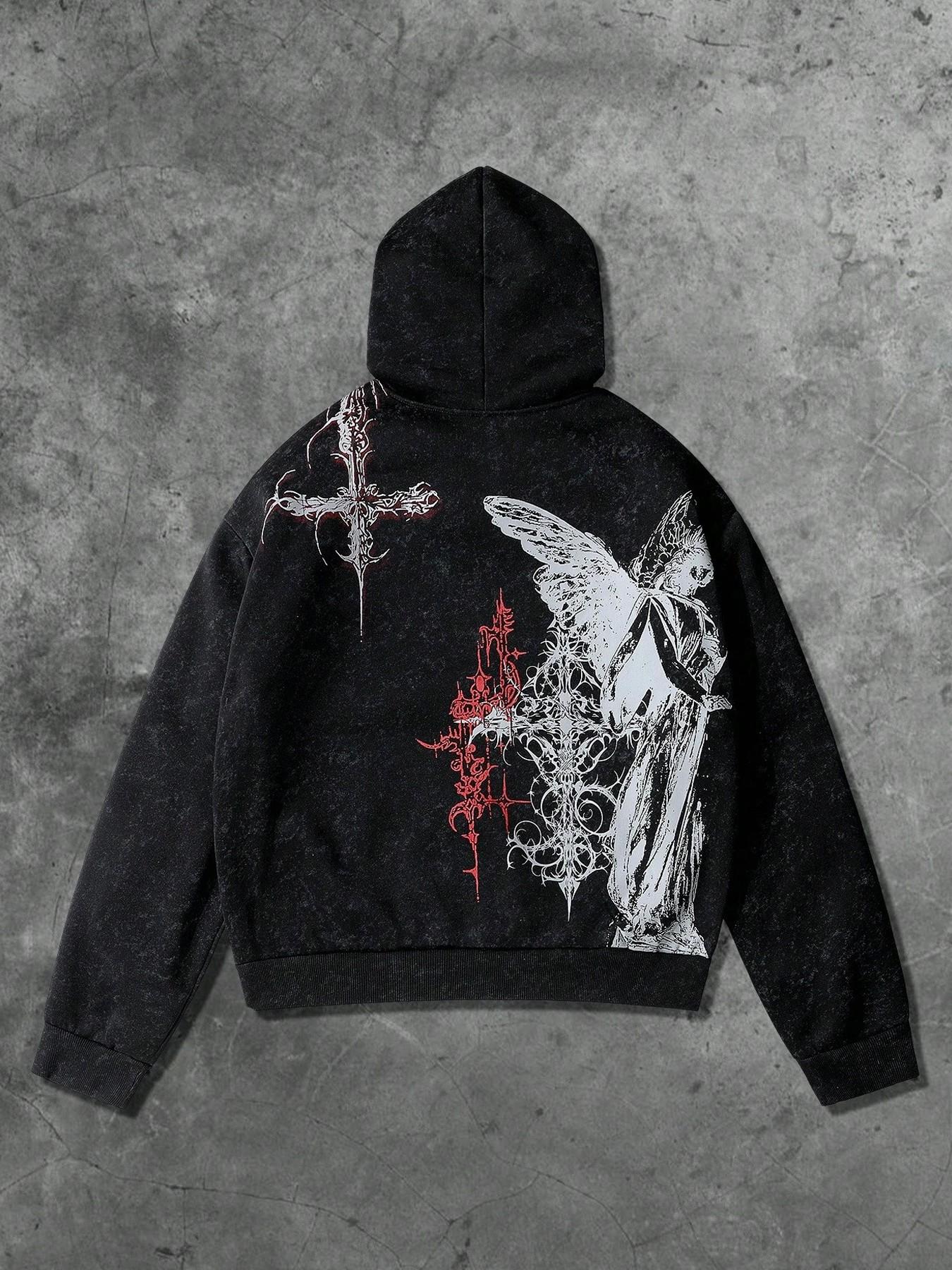 Men's Gothic Cross Print Zip Hoodie, Trendy Streetwear for All Seasons, Soft Comfortable Fabric, Perfect for Casual Gatherings