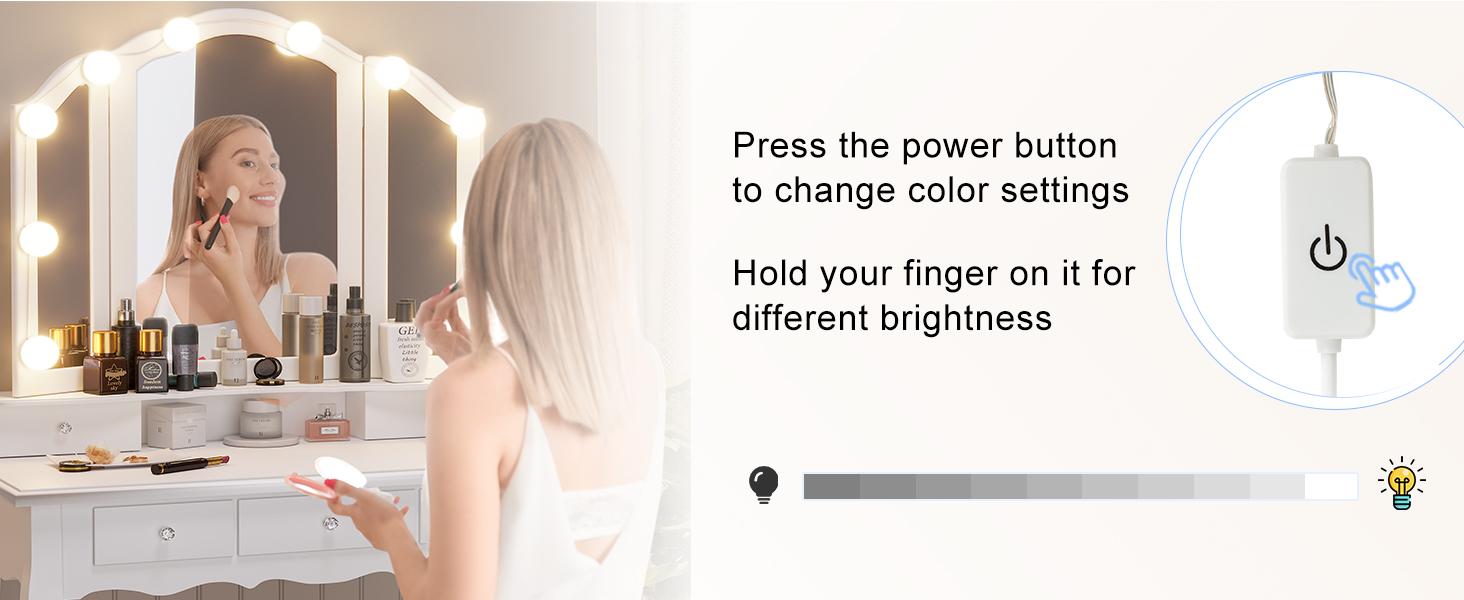 Sikaic Makeup Vanity with Lighted Mirror and Stool, Vanity Table Set with 5 Drawers, 3 Light Settings, White Furniture Bedroom