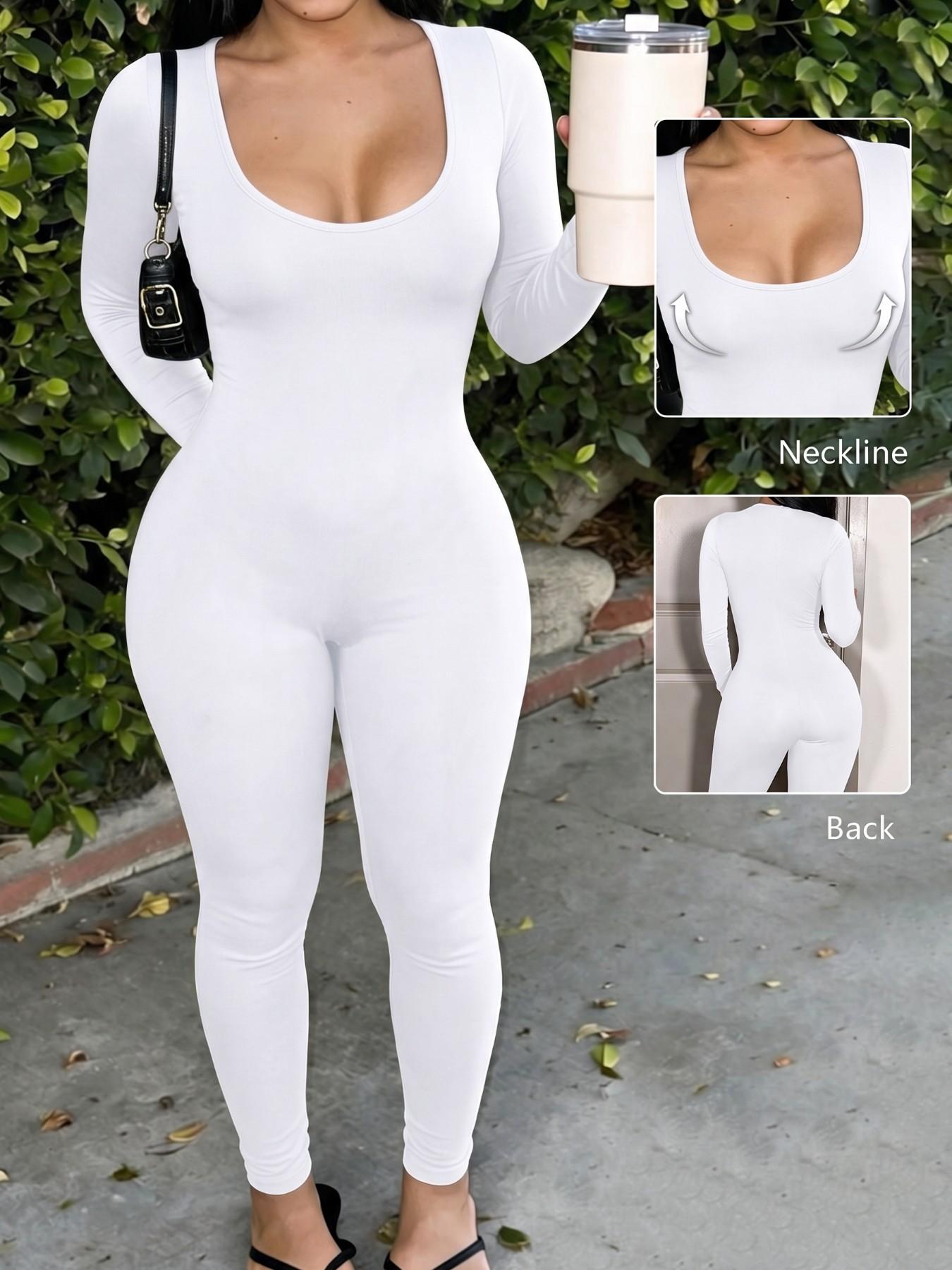 Body Shaping Black U Neck Long Sleeve Jumpsuit, Stretch Knit Wrap Figure Lines, Deep U Neck Modify Upper Body, Slim Long Leg Pants Extend Proportion, Curvy & Petite Friendly Design, Daily Walking Outfit, Party Styling, Simple All-Black Slimming One-Piece