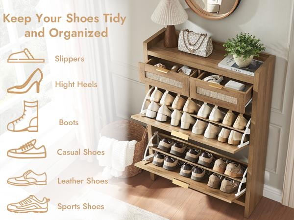PieDle Furniture Boho-Chic Rattan Shoe Storage with Drawers for Home Entries