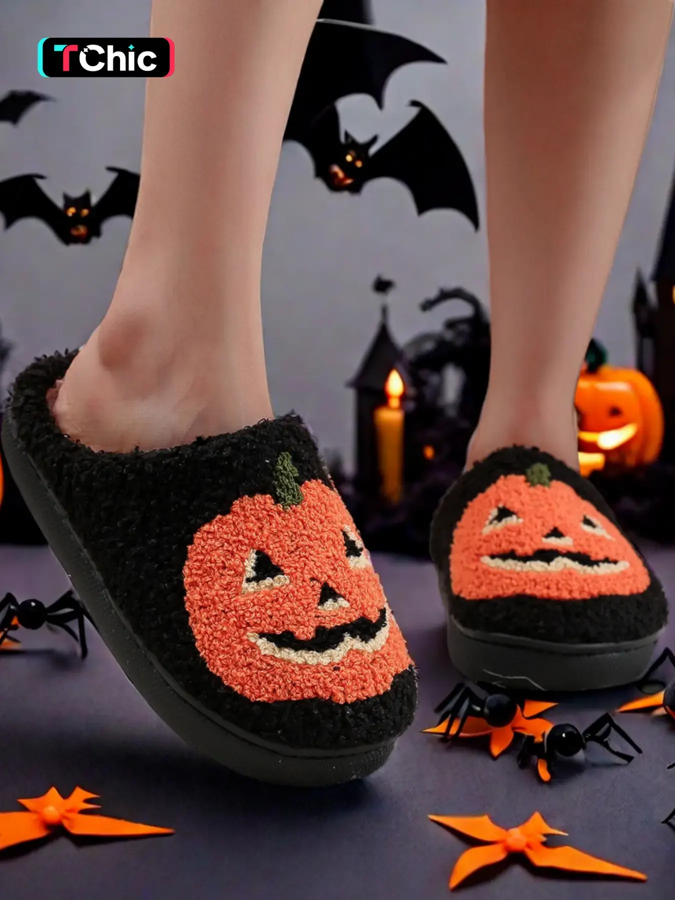 90s Vintage Halloween Pumpkin Embroidered Soft Plush Slide Warm Slippers, House Slippers, Cozy Indoor Slides, Cozy Indoor Footwear for Men & Women, All Seasons Minimalist Home Comfort
