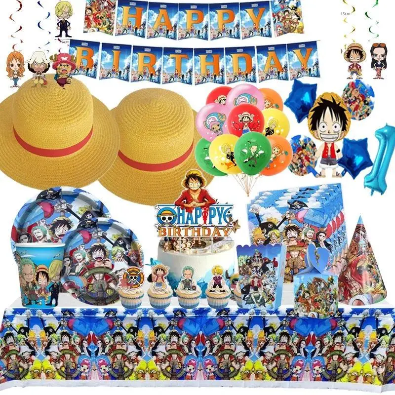 One Piece Birthday Decoration Pirate Luffy Hat Party Favors Disposable Party Tableware Plates Cups Balloon Cartoon Decor Toys