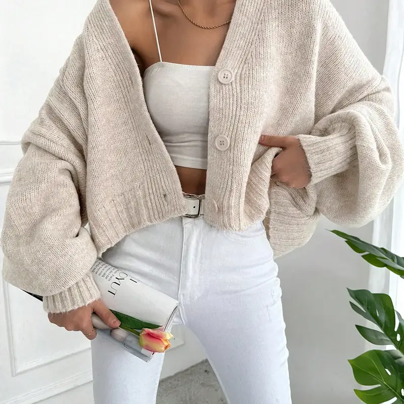 【Black Friday】Women's V Neck Lantern Sleeve Casual Loose-Fit Knitted Cardigan, Fall & Winter Fashion, Plain Color, Knitwear Tops