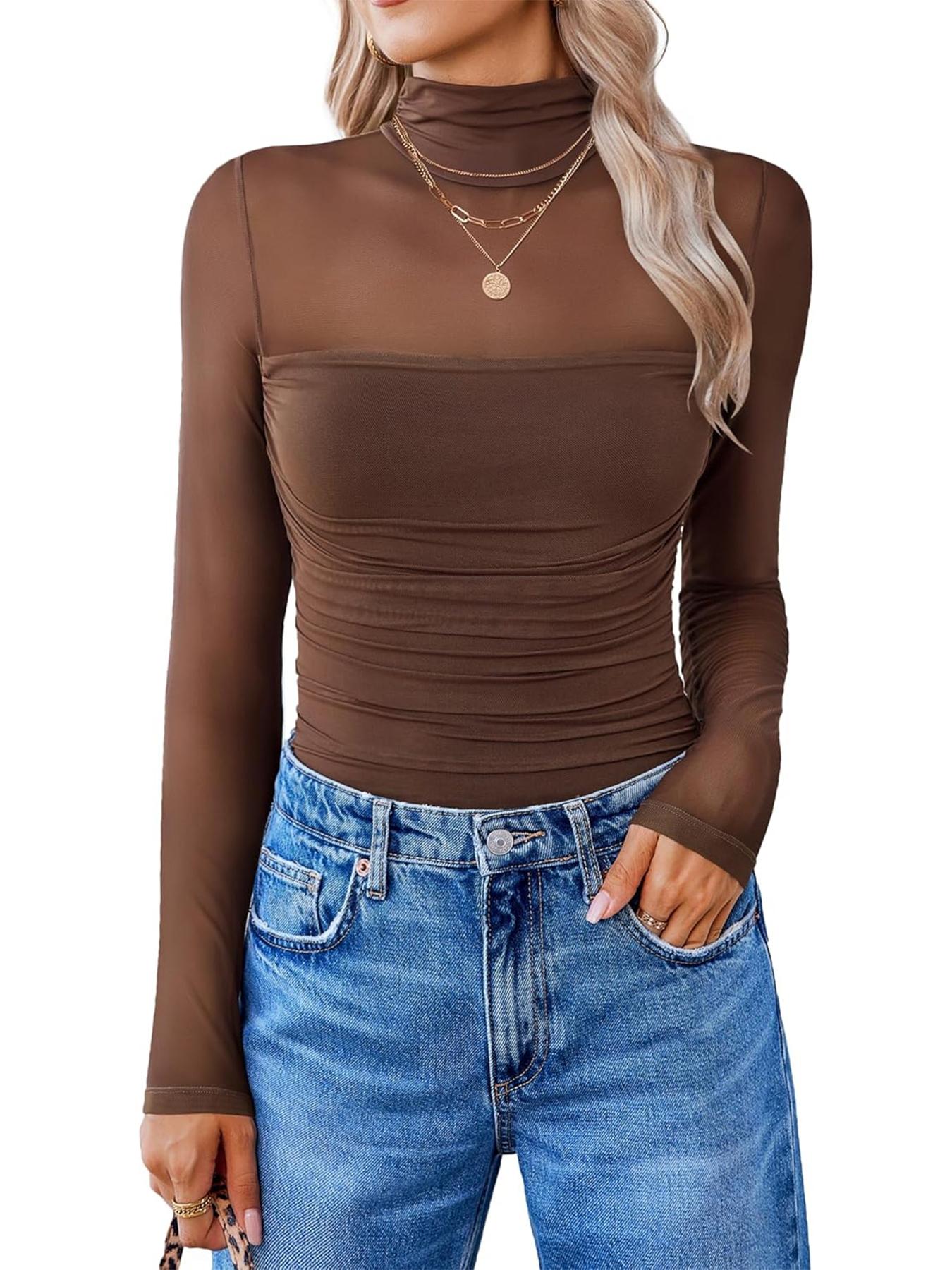 Women's Mesh Sheer Long Sleeve Ruched Top, Sexy Fitted High Neck, Fashion Chic Casual Versatile Basic Base layer