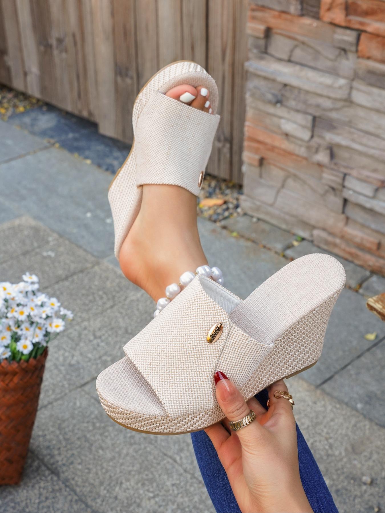 Women's Casual High Heel Sandals, Fish Mouth Open Toe Slip-On Summer Vacation Style, Textile Fabric Wedge Shoes